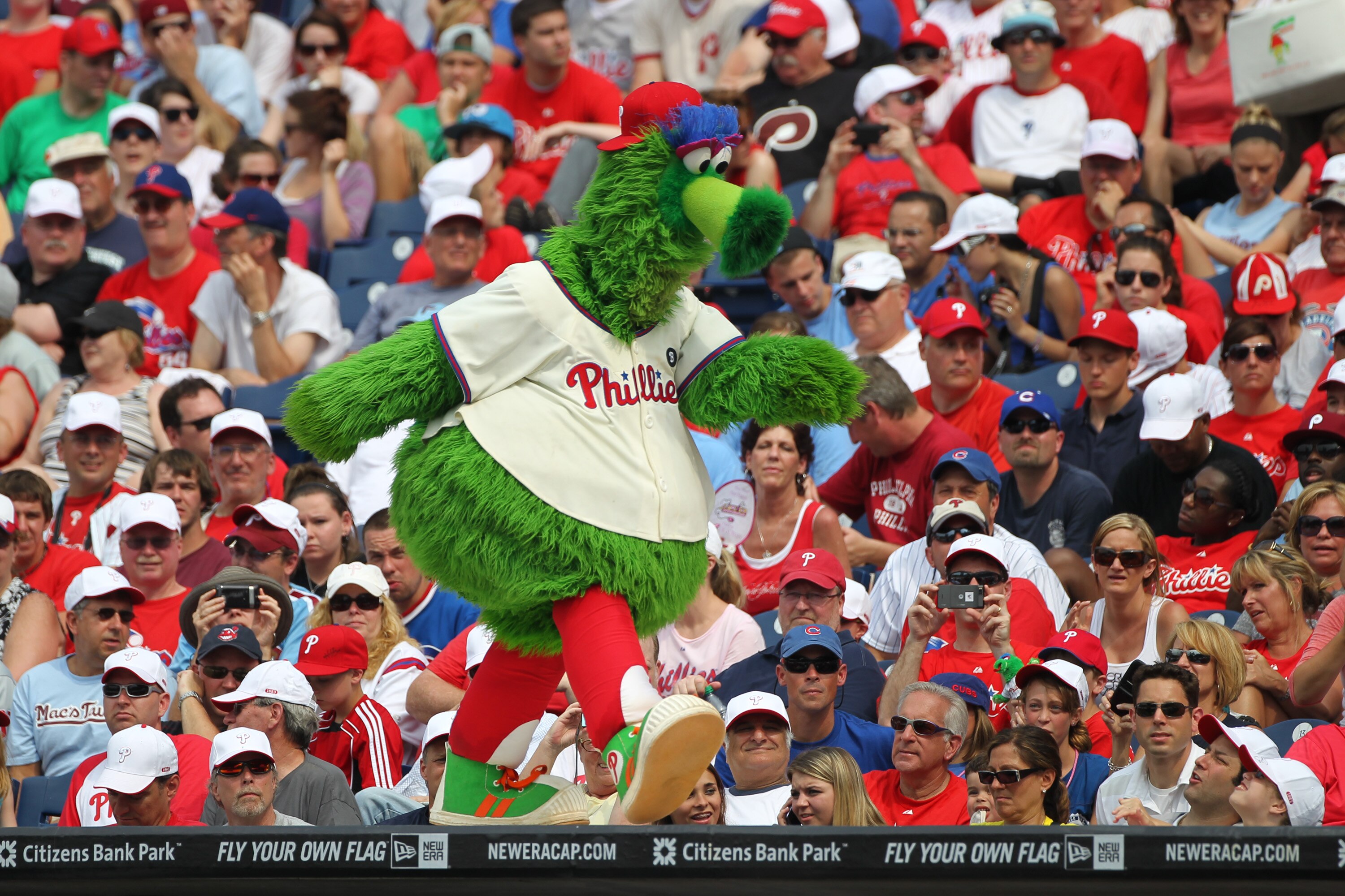 PHILADELPHIA - JUNE 12: The Phillie Phanatic performs during a game against the Chicago Cubs at Citizens Bank Park on June 12, 2011 in Philadelphia, Pennsylvania. The Phillies won 4-3. (Photo by Hunter Martin/Getty Images)