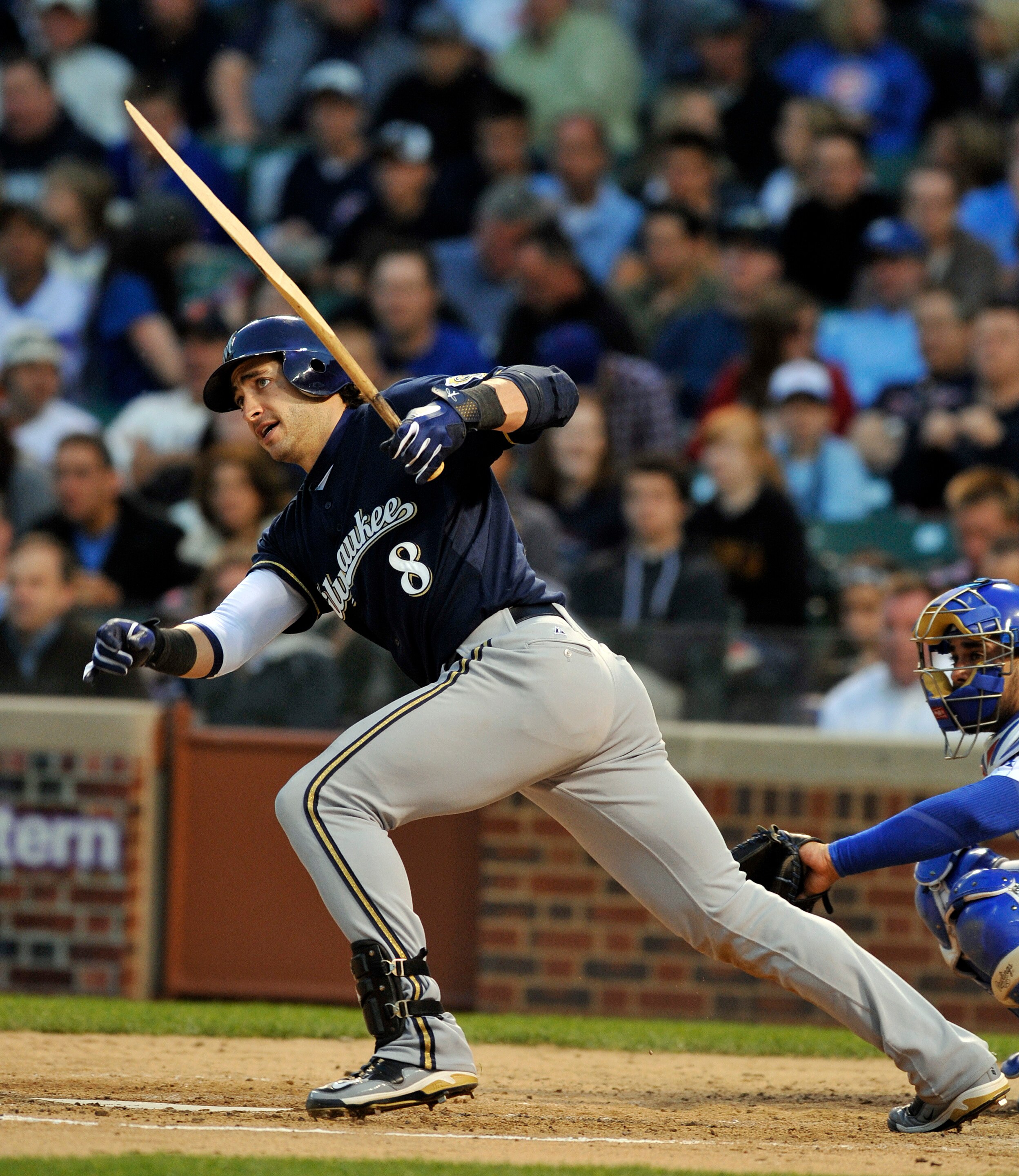 CHICAGO, IL - JUNE 13: Ryan Braun # 18 of the Milwaukee Brewers breaks his bat against the Chicago Cubs on June 13, 2011 at Wrigley Field in Chicago, Illinois.  (Photo by David Banks/Getty Images)