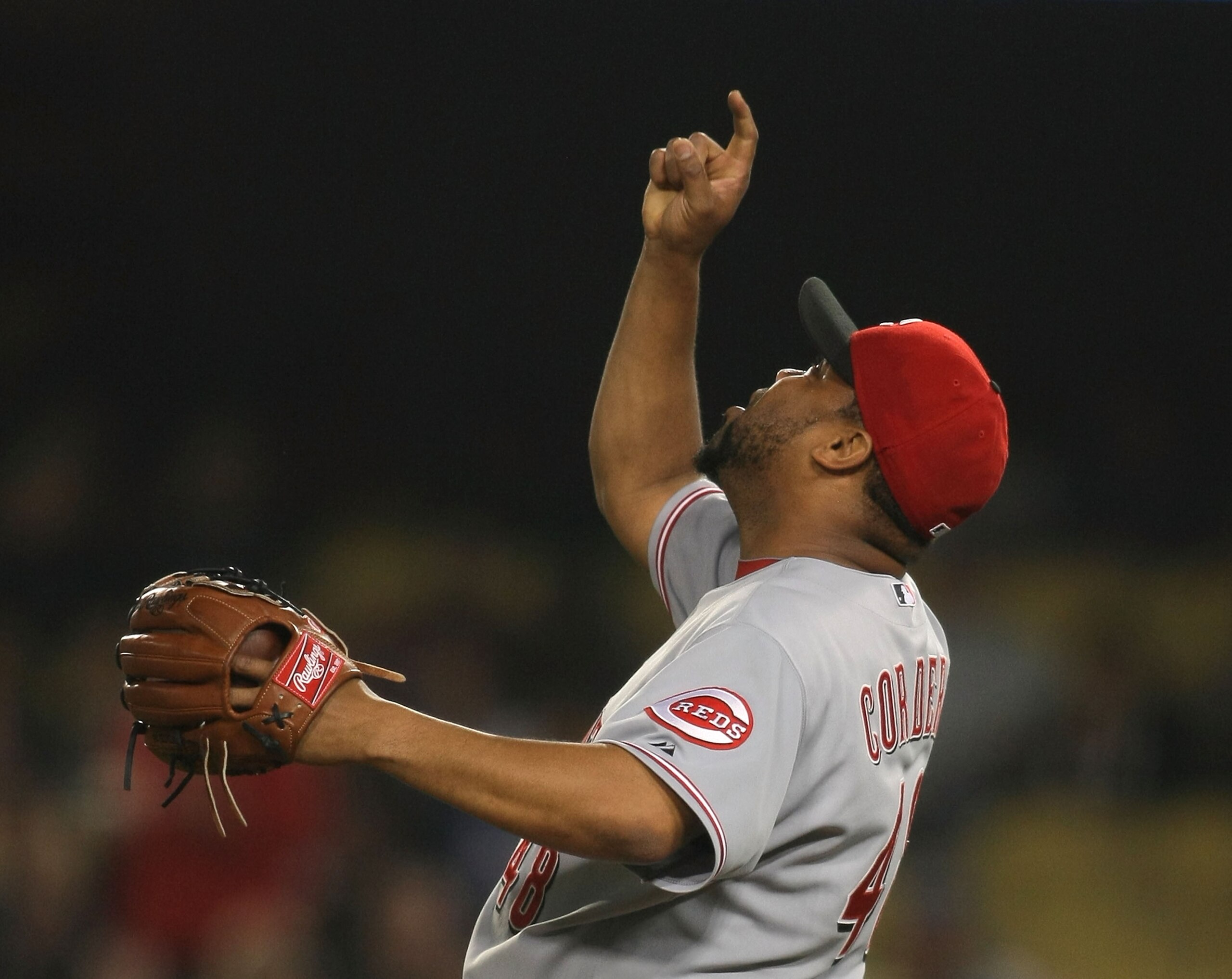 LOS ANGELES, CA - JUNE 13:  Pitcher Francisco Cordero #48 of the Cincinnati Reds celebrates after getting the third out in the ninth inning to win the game 6-4 against the Los Angeles Dodgers during the MLB game at Dodger Stadium on June 13, 2011 in Los A