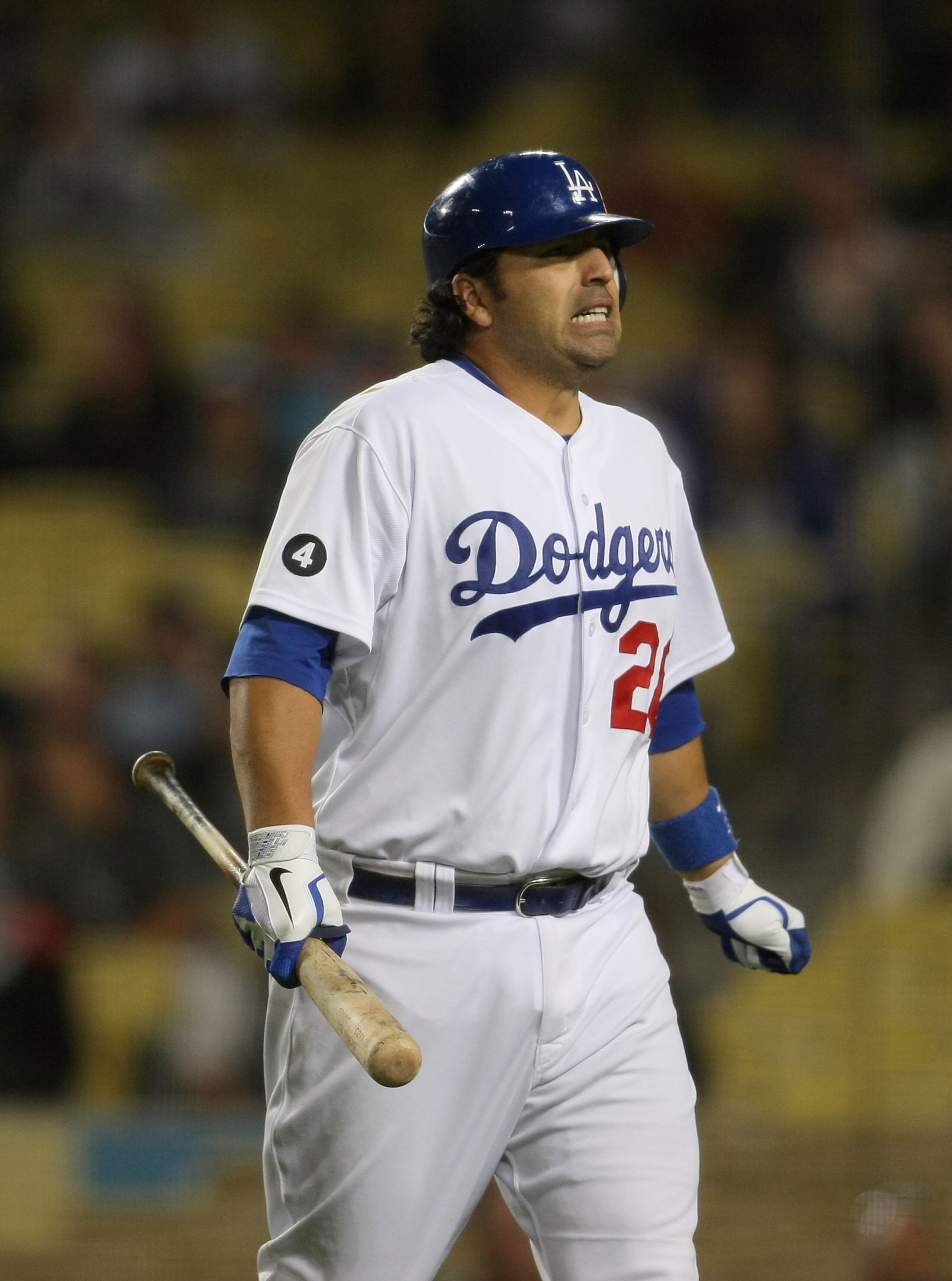 LOS ANGELES, CA - JUNE 13:  Rod Barajas #28 of the Los Angeles Dodgers reacts after striking out in the ninth inning with a man at second base and one out during the MLB game against the Cincinnati Reds at Dodger Stadium on June 13, 2011 in Los Angeles, C