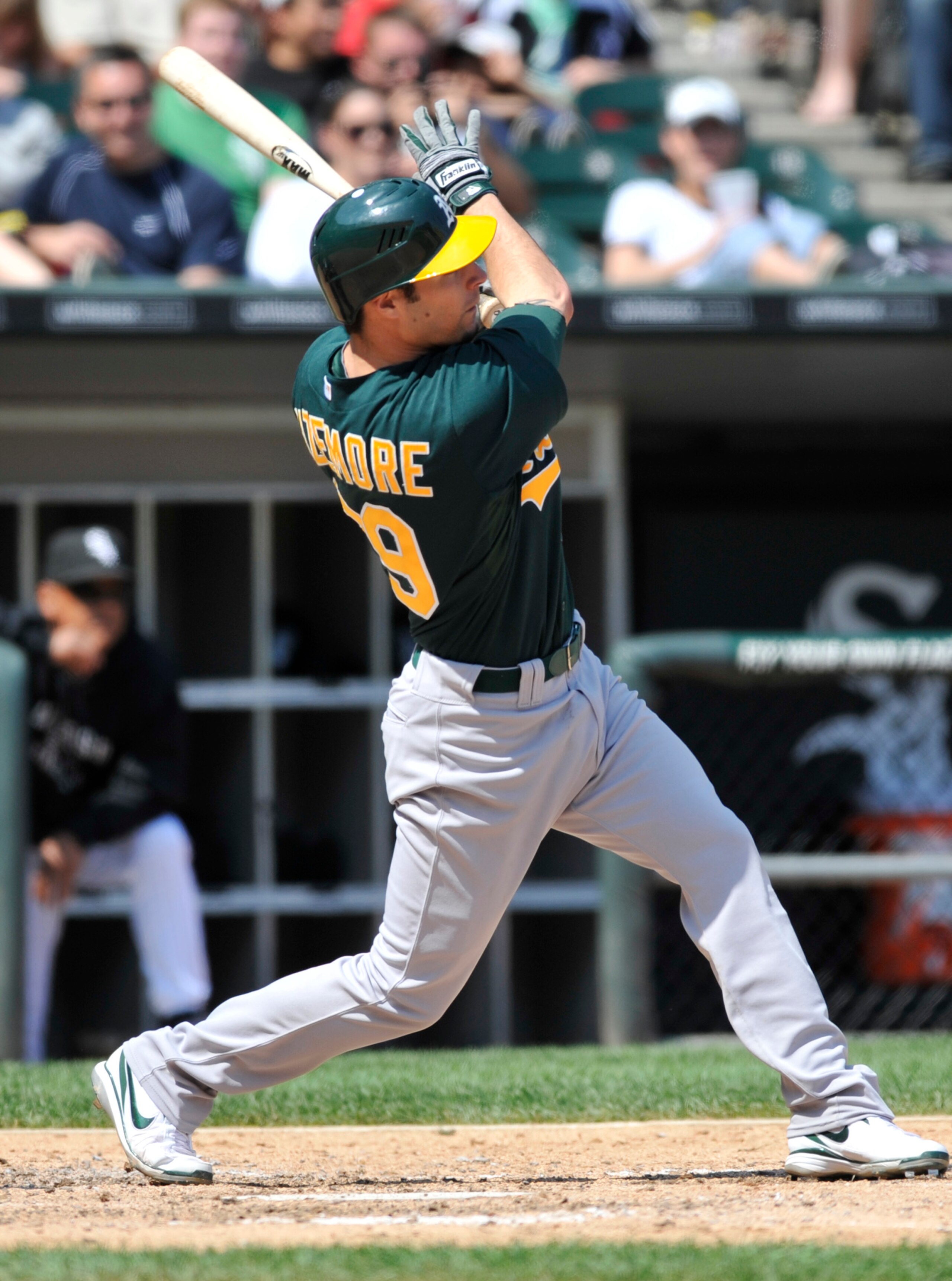 CHICAGO, IL - JUNE 12: Scott Sizemore #29 of the Oakland Athletics hits a home run against the Chicago White Sox in the seventh inning on June 12, 2011 at U.S. Cellular Field in Chicago, Illinois. The White Sox defeated the Athletics 5-4.   (Photo by Davi