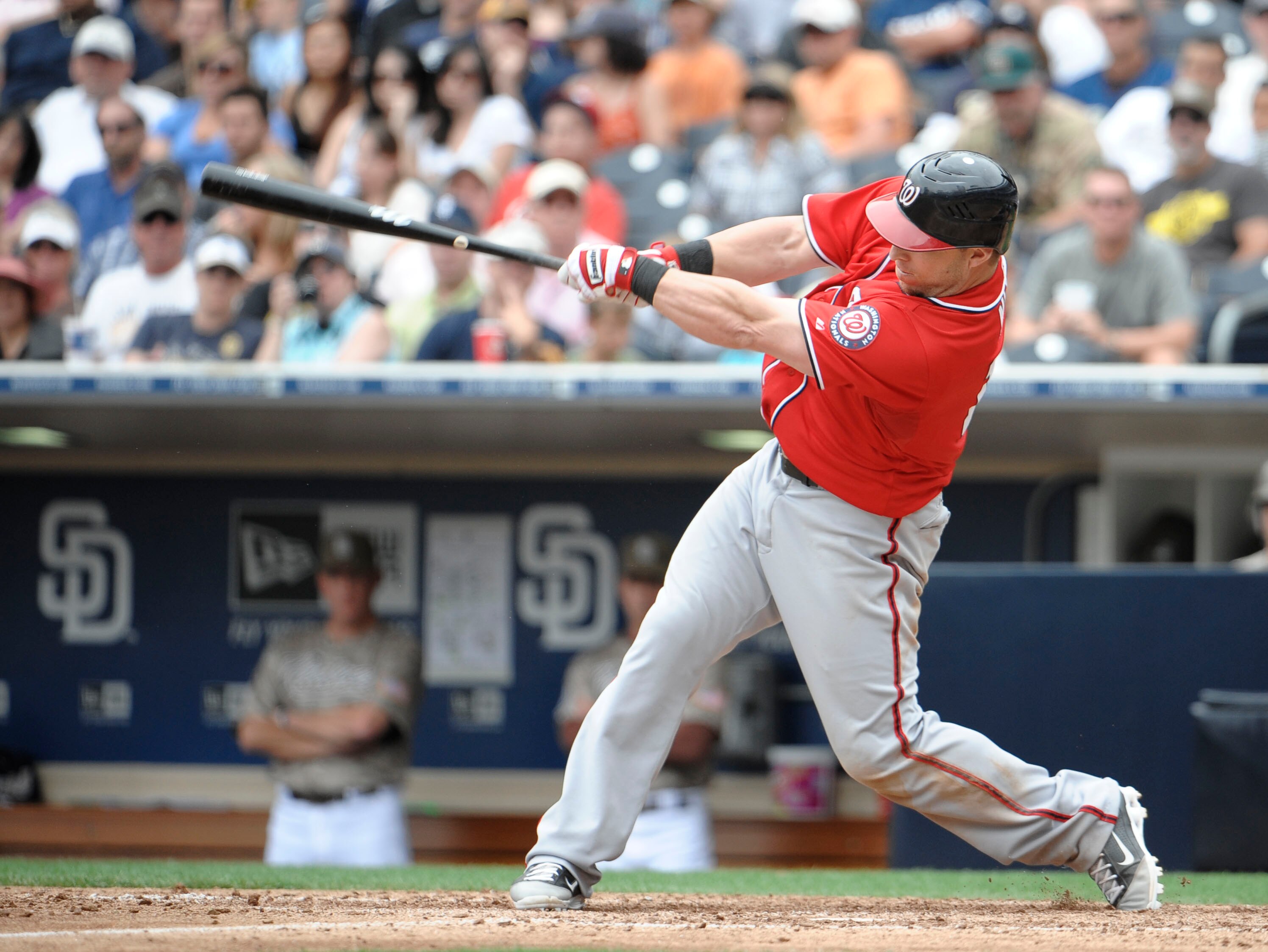 SAN DIEGO, CA - JUNE 12: Laynce Nix #19 of the Washington Nationals hits a RBI single during the ninth inning of a baseball game against the San Diego Padres at Petco Park on June 12, 2011 in San Diego, California. The Nationals won 2-0.  (Photo by Denis