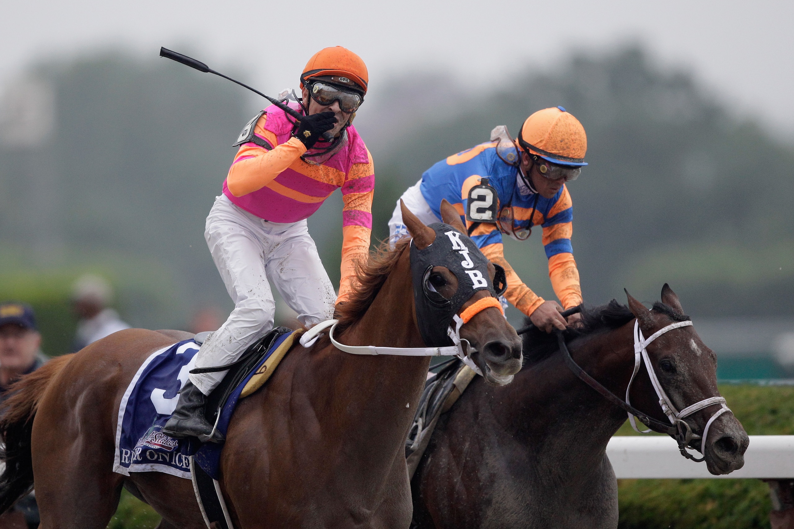 ELMONT, NY - JUNE 11: Jockey Jose Valdivia, Jr. celebrates aboard Ruler on Ice #3 in front of Javier Castellano riding Stay Thirsty #2 after winning the 143rd running of the Belmont Stakes at Belmont Park on June 11, 2011 in Elmont, New York. (Photo by ELMONT, NY - JUNE 11: Jockey Jose Valdivia, Jr. celebrates aboard Ruler on Ice #3 in front of Javier Castellano riding Stay Thirsty #2 after winning the 143rd running of the Belmont Stakes at Belmont Park on June 11, 2011 in Elmont, New York. (Photo by