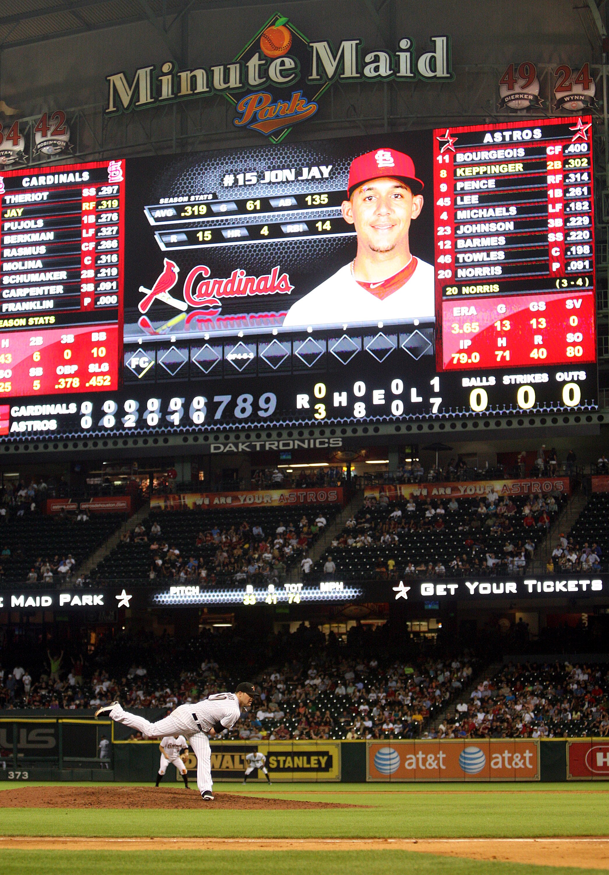 HOUSTON - JUNE 08:  The scoreboard at Minute Maid Park shows 6 2/3 innings of no hit baseball by pitcher Bud Norris #20 of Houston Astros against the St. Louis Cardinals at Minute Maid Park on June 8, 2011 in Houston, Texas. Lance Berkman #12 of the St. L