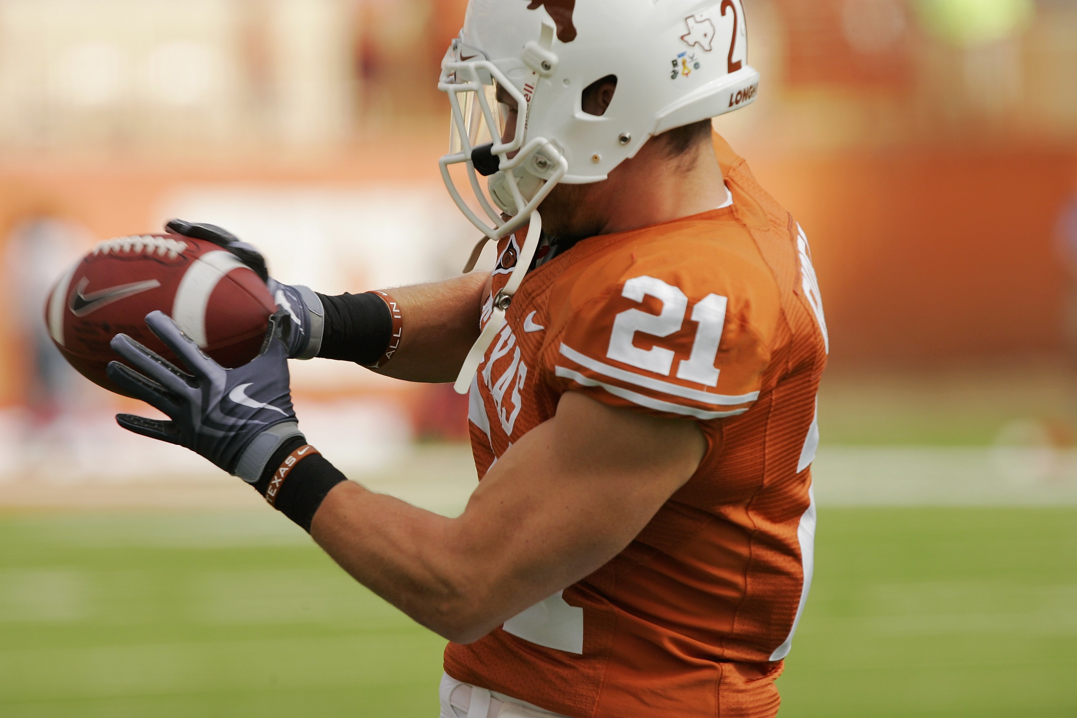 AUSTIN, TX - NOVEMBER 07:  Safety Blake Gideon #21 of the Texas Longhorns practices before a game against the UCF Knights on November 7, 2009 at Darrell K Royal - Texas Memorial Stadium in Austin, Texas.  Texas won 35-3.  (Photo by Brian Bahr/Getty Images