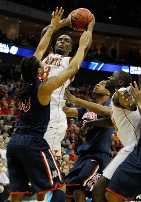 TULSA, OK - MARCH 20:  Jordan Hamilton #3 of the Texas Longhorns goes up for a shot against Jesse Perry #33 of the Arizona Wildcats during the third round of the 2011 NCAA men's basketball tournament at BOK Center on March 20, 2011 in Tulsa, Oklahoma.  (P