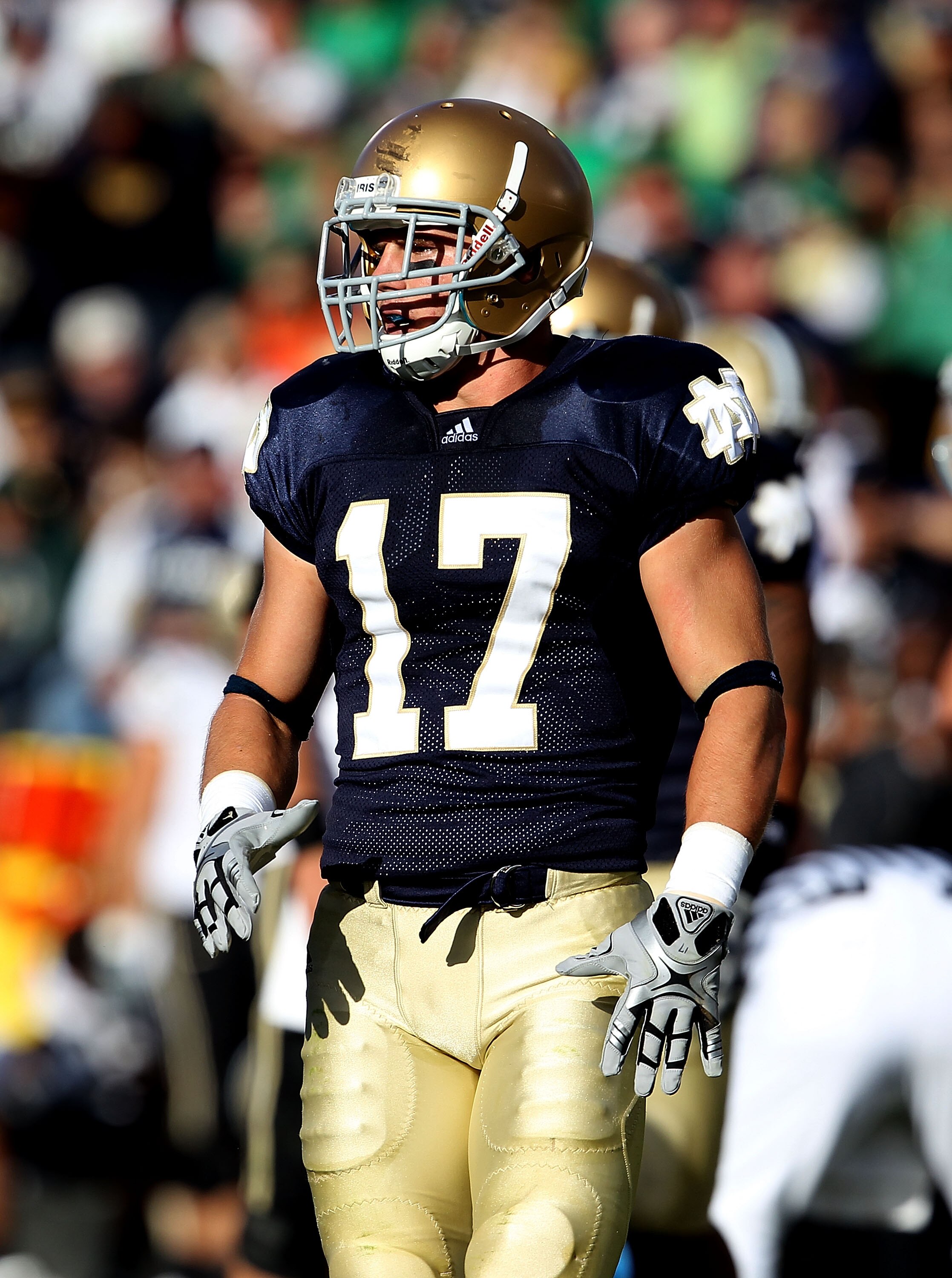 SOUTH BEND, IN - SEPTEMBER 04: Zeke Motta #17 of the Notre Dame Fighting Irish awaits the start of play against the Purdue Boilermakers at Notre Dame Stadium on September 4, 2010 in South Bend, Indiana. Notre Dame defeated Purdue 23-12. (Photo by Jonathan