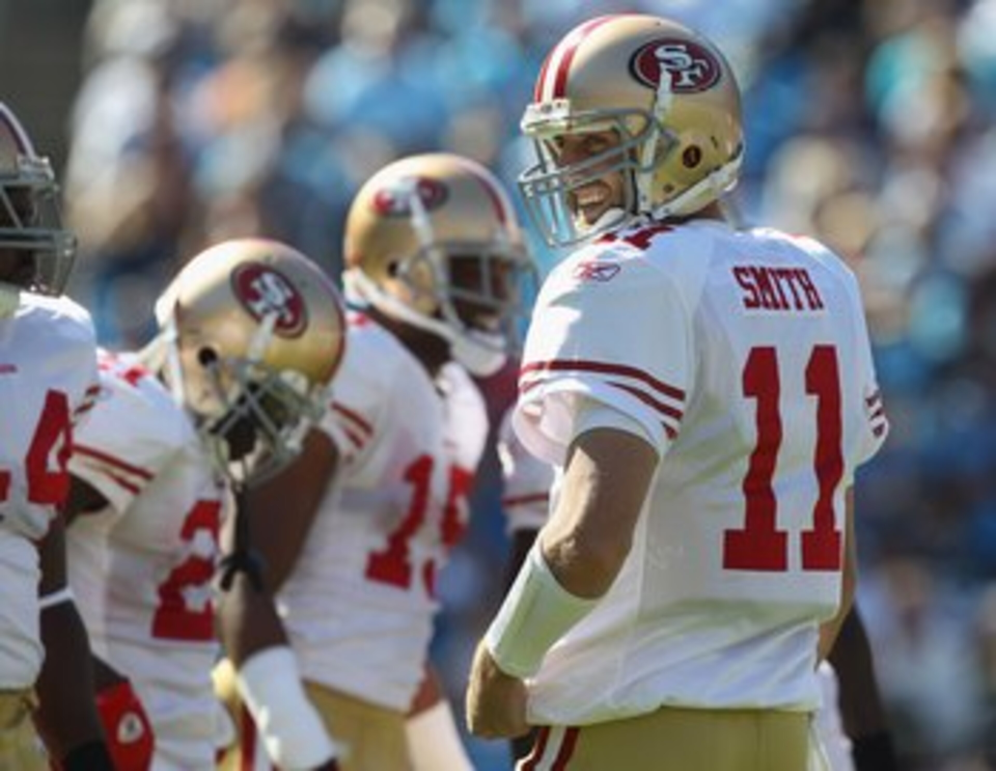 CHARLOTTE, NC - OCTOBER 24:  Alex Smith #11 of the San Francisco 49ers against the Carolina Panthers during their game at Bank of America Stadium on October 24, 2010 in Charlotte, North Carolina.  (Photo by Streeter Lecka/Getty Images)