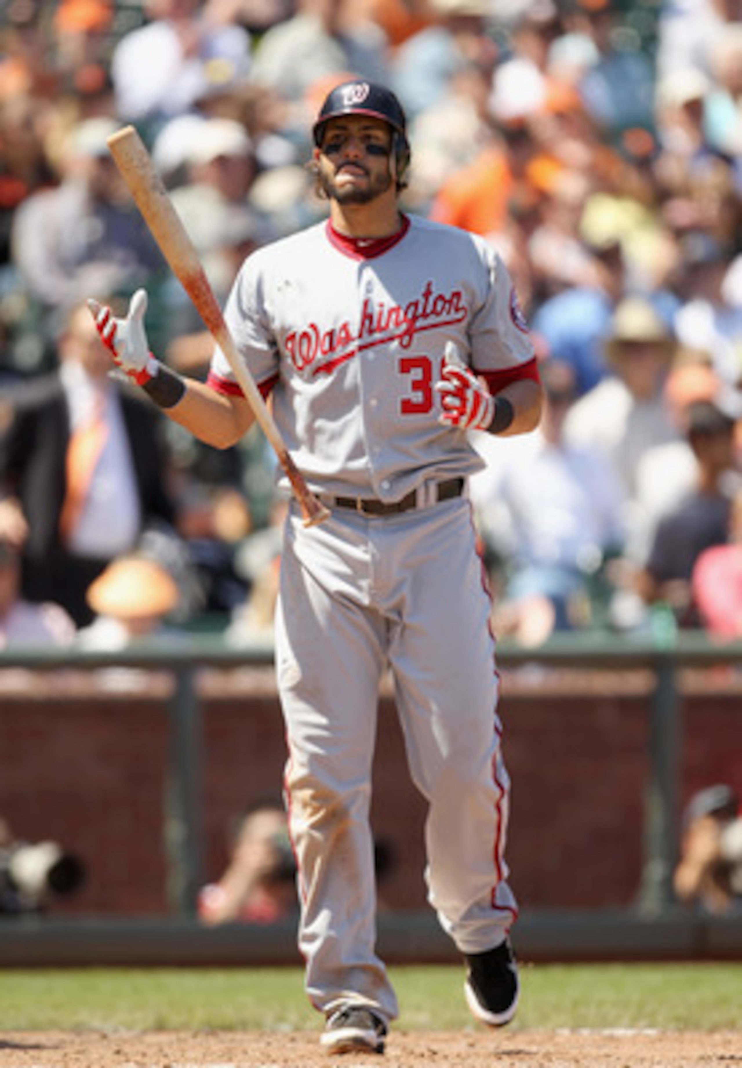SAN FRANCISCO, CA - JUNE 08:  Michael Morse #38 of the Washington Nationals walks back to the dugout after striking out in the ninth inning against the San Francisco Giants at AT&T Park on June 8, 2011 in San Francisco, California.  (Photo by Ezra Shaw/Ge