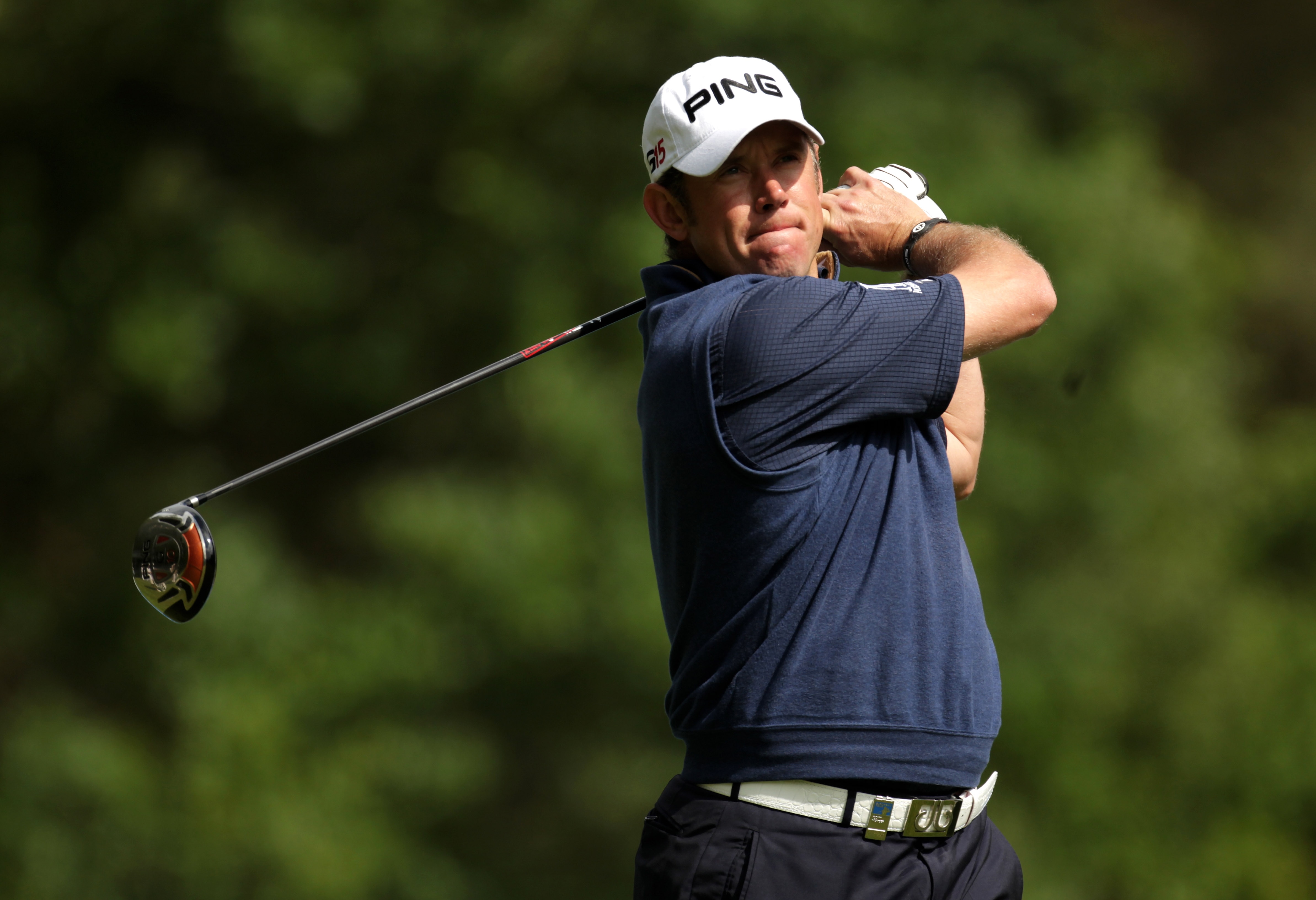 VIRGINIA WATER, ENGLAND - MAY 29:  Lee Westwood of England tees off on the 12th hole during the final round of the BMW PGA Championship  at the Wentworth Club on May 29, 2011 in Virginia Water, England.  (Photo by Ross Kinnaird/Getty Images)