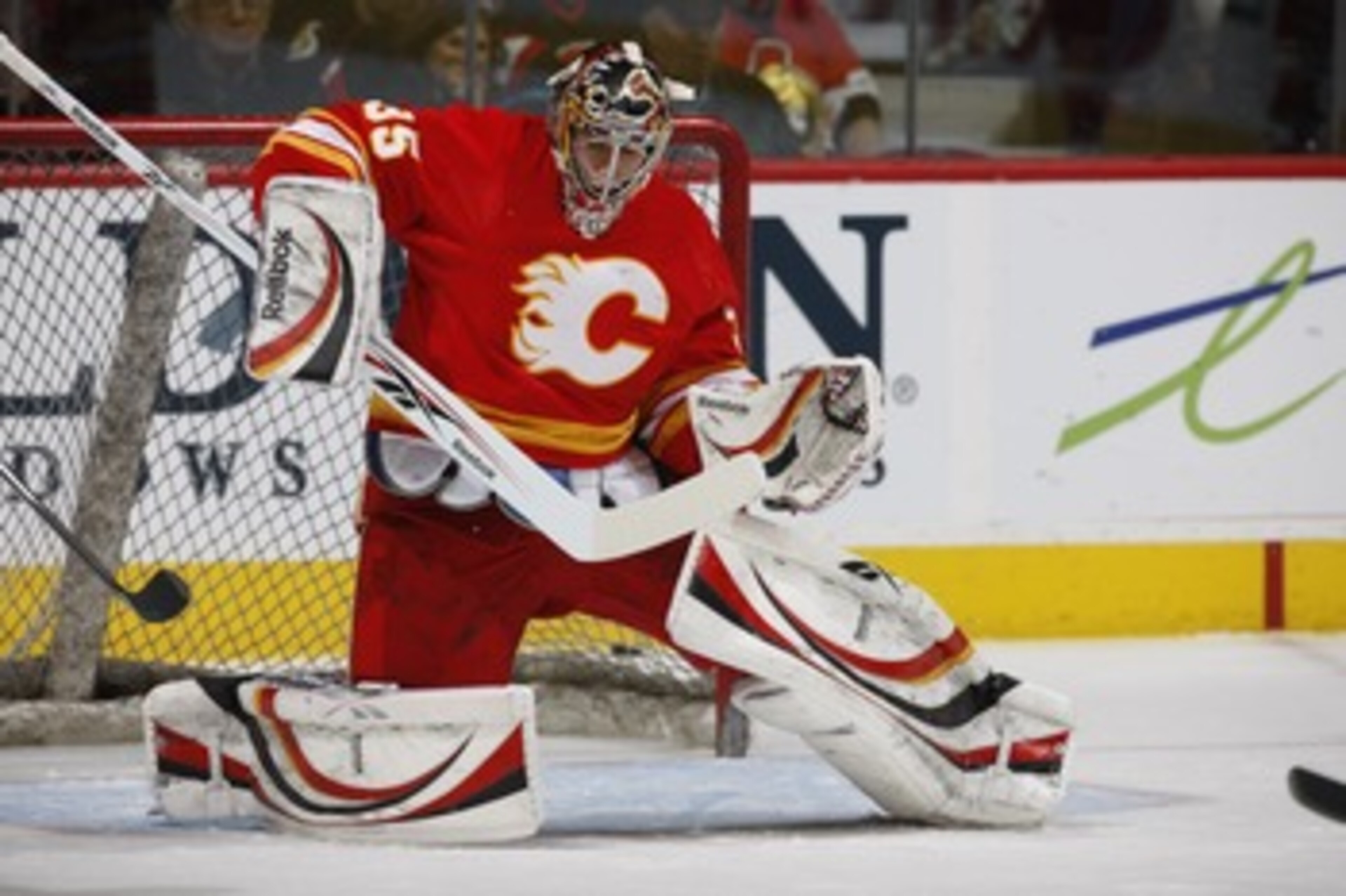 CALGARY, CANADA - FEBRUARY 9: Henrik Karlsson #35 of the Calgary Flames during the game against the Ottawa Senators on February 9, 2011 at Scotiabank Saddledome in Calgary, Alberta, Canada. (Photo by Dale MacMillan/Getty Images)
