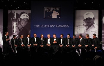 LONDON, ENGLAND - MAY 24:  The victorious European Ryder Cup team are interviewed on stage during the European Tour Players Awards Dinner at the Heathrow Sofitel Hotel on May 24, 2011 in London, England.  (Photo by Richard Heathcote/Getty Images)