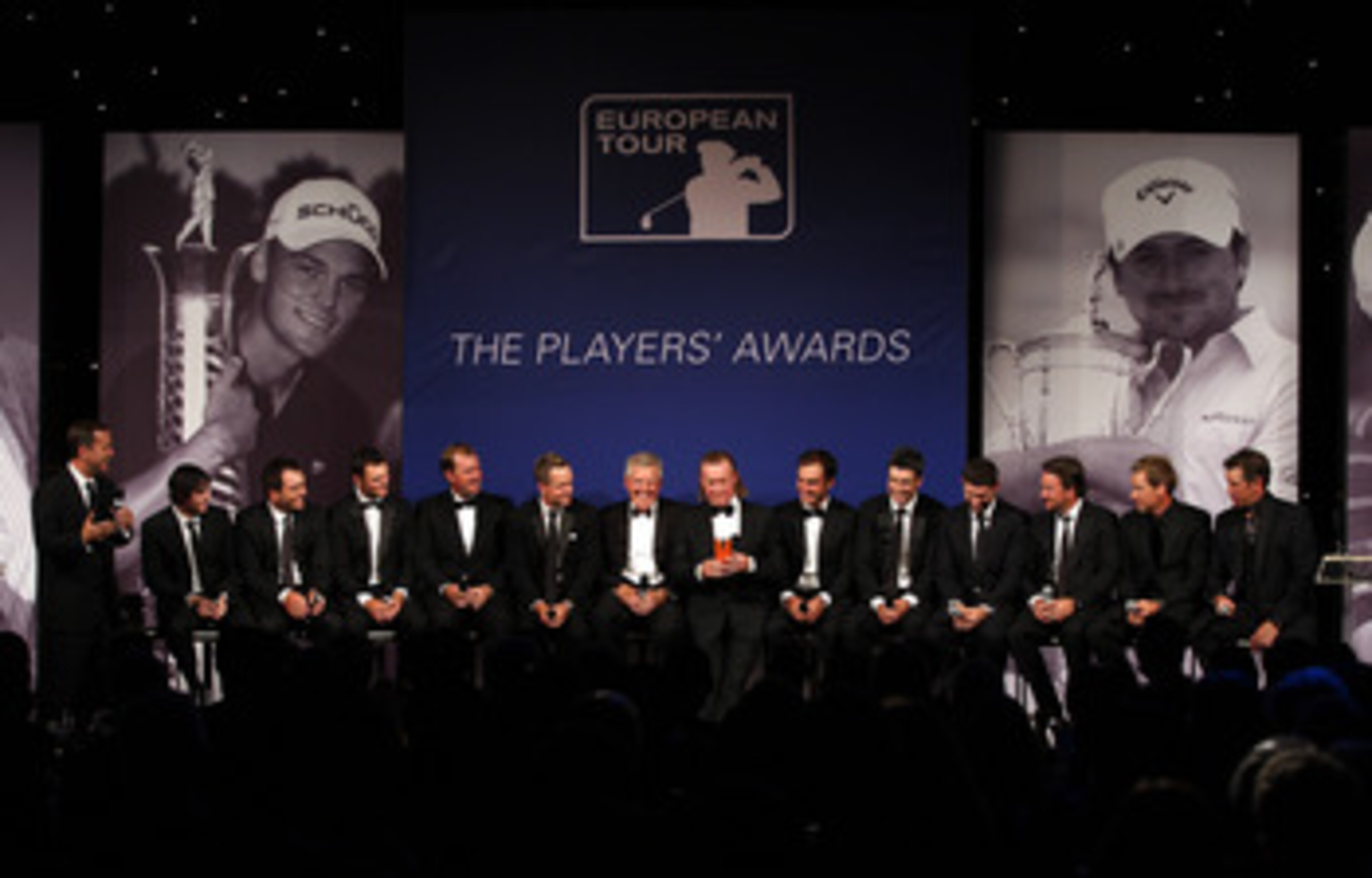 LONDON, ENGLAND - MAY 24:  The victorious European Ryder Cup team are interviewed on stage during the European Tour Players Awards Dinner at the Heathrow Sofitel Hotel on May 24, 2011 in London, England.  (Photo by Richard Heathcote/Getty Images)