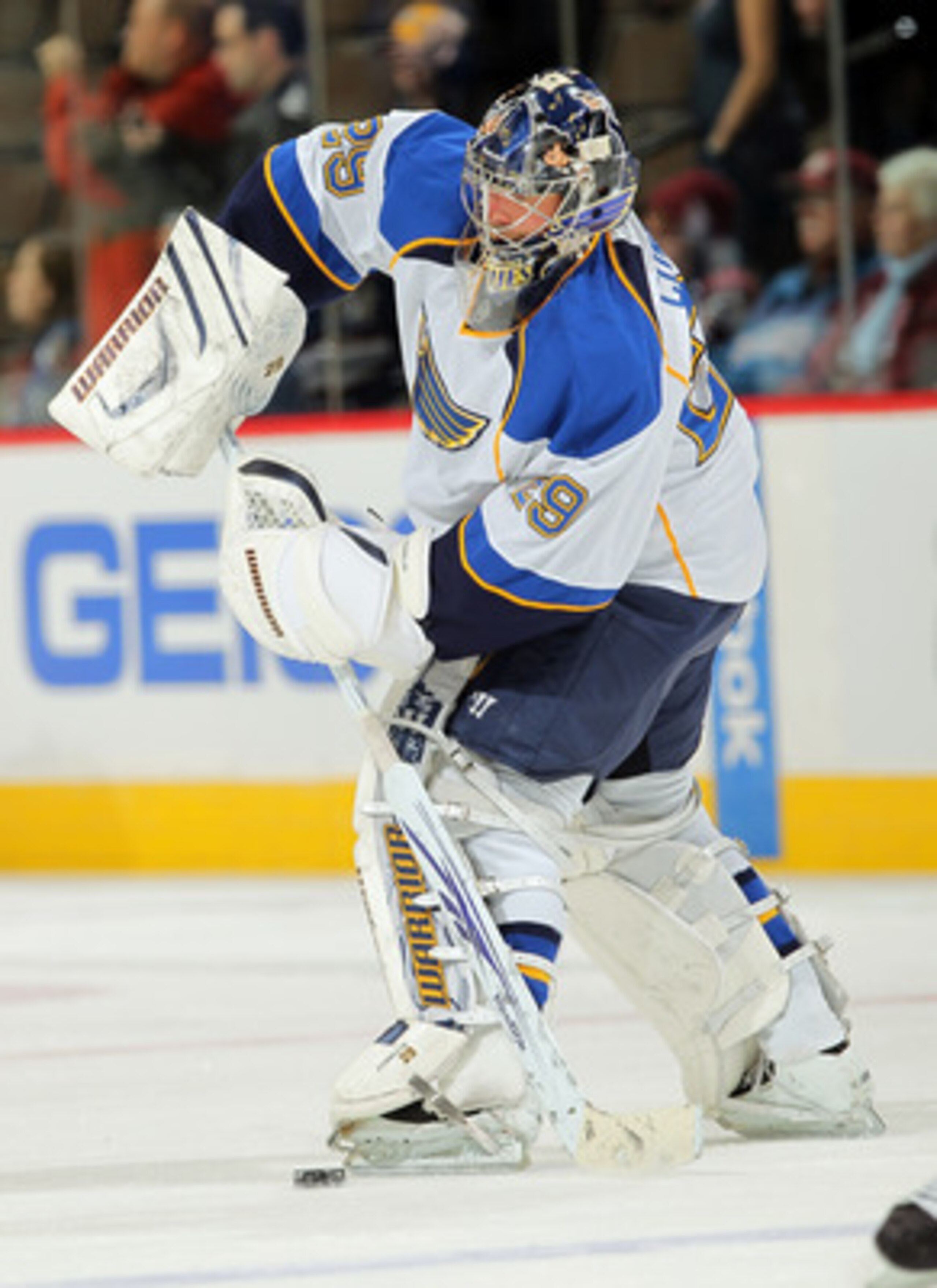 DENVER - NOVEMBER 15:  Goalie Ty Conklin #29 of the St. Louis Blues warms up prior to facing the Colorado Avalanche at the Pepsi Center on November 15, 2010 in Denver, Colorado. The Avalacnhe defeated the Blues 6-3.  (Photo by Doug Pensinger/Getty Images)