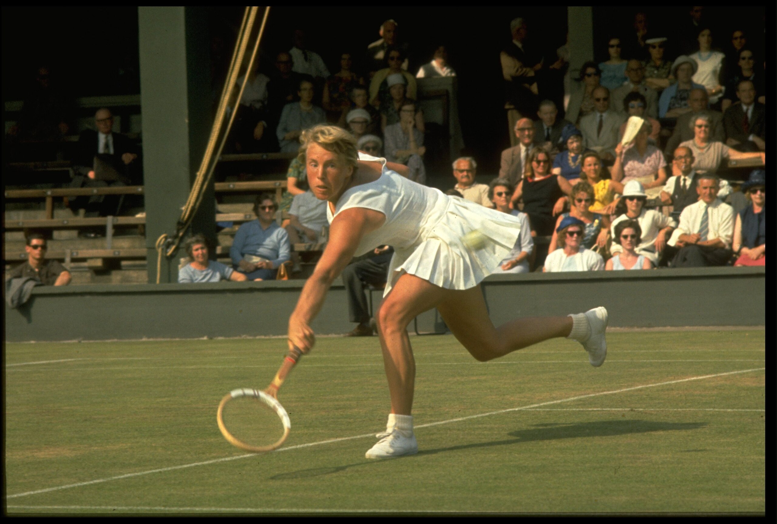 JUN 1967:  ANN JONES OF GREAT BRITAIN PLAYS A LOW SHOT DURING A MATCH AT THE 1967 WIMBLEDON TENNIS CHAMPIONSHIPS.