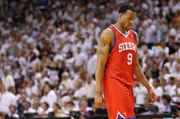 MIAMI, FL - APRIL 27:  Andre Iguodala #9 of the Philadelphia 76ers walks off the floor during game five of the Eastern Conference Quarterfinals in the 2011 NBA Playoffs against the Miami Heat at American Airlines Arena on April 27, 2011 in Miami, Florida.