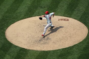 WASHINGTON, DC - JUNE 01: Pitcher Michael Stutes #40 of the Philadelphia Phillies delivers to a Washington Nationals batter at Nationals Park on June 1, 2011 in Washington, DC. (Photo by Rob Carr/Getty Images)