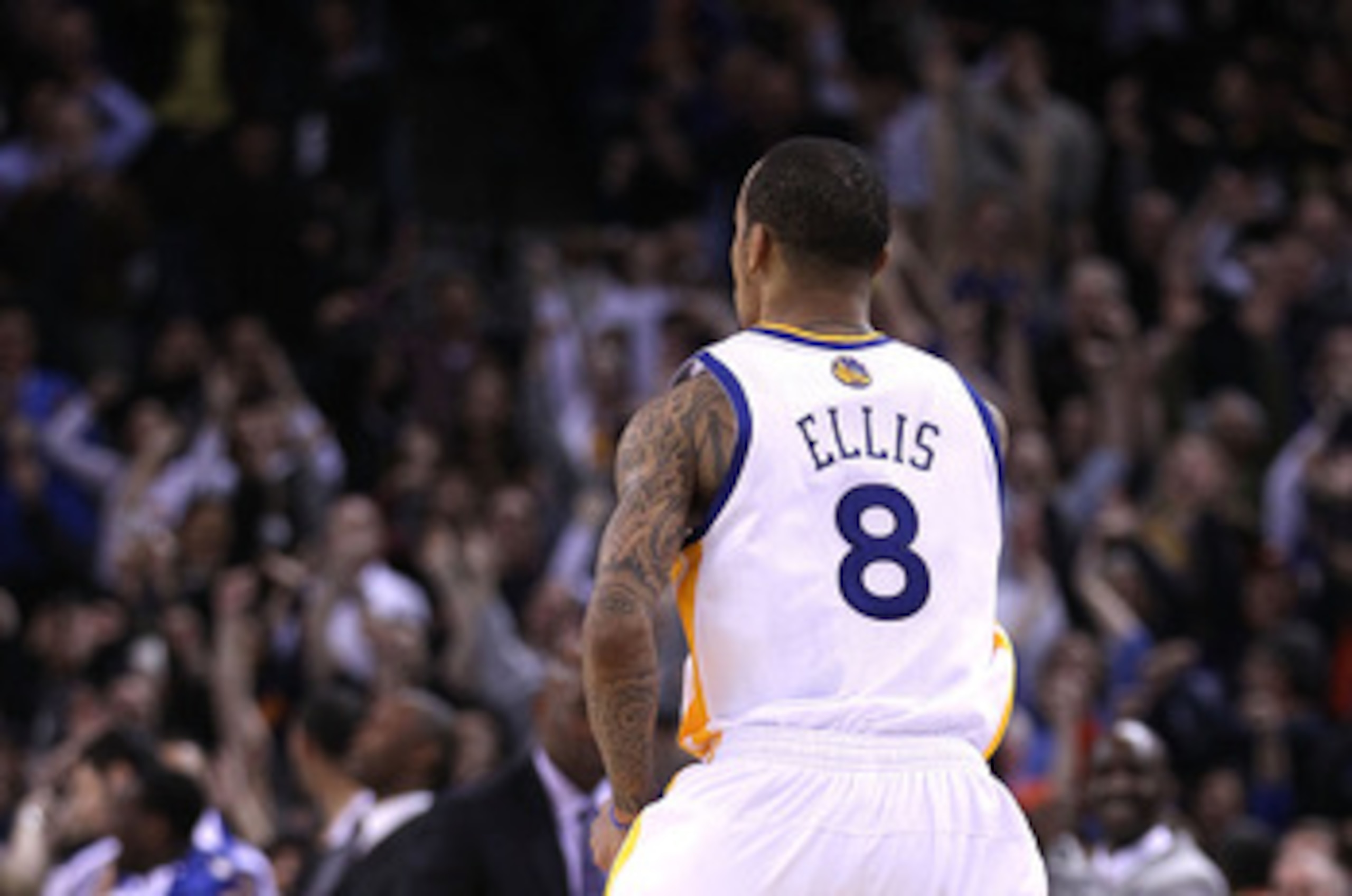 OAKLAND, CA - JANUARY 19:  Monta Ellis #8 of the Golden State Warriors runs back downcourt after he made the winning shot with 0.6 seconds left in their game againsts the Indiana Pacers at Oracle Arena on January 19, 2011 in Oakland, California.  NOTE TO