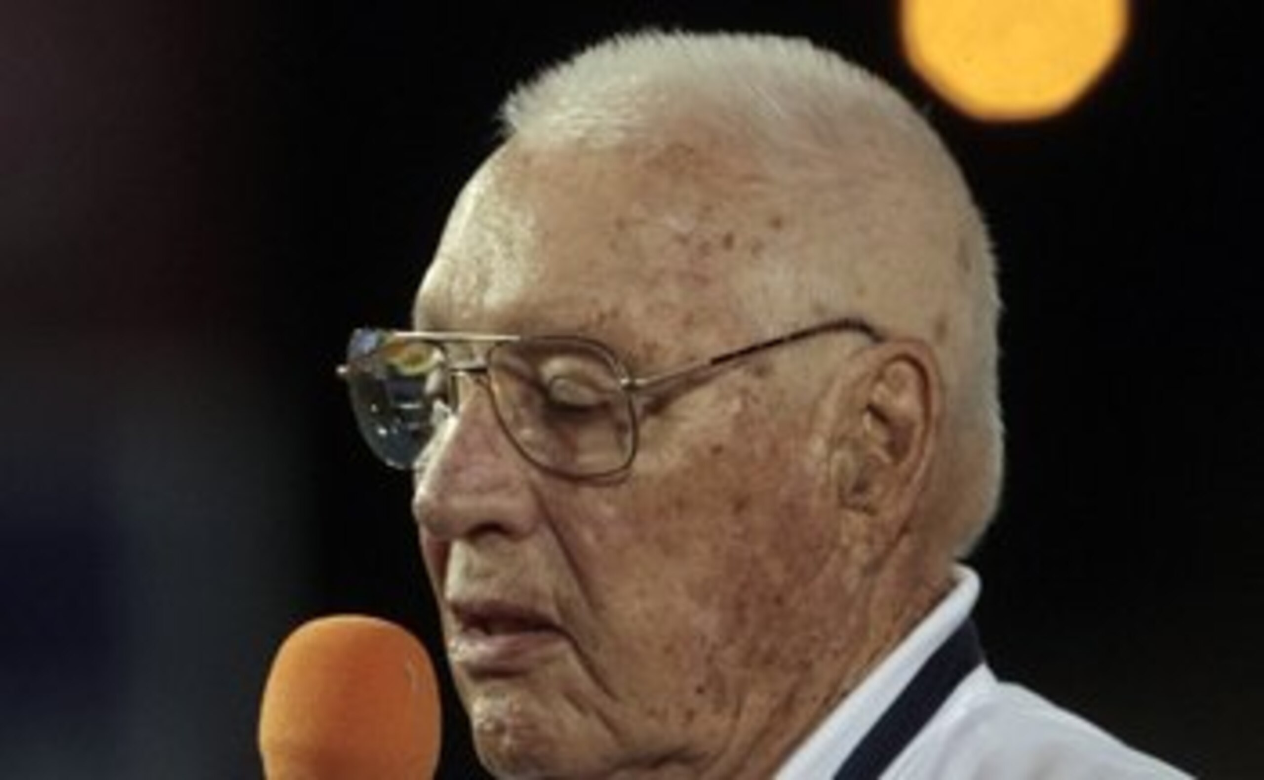 MOBILE, AL - APRIL 14:  MLB Hall of Famer Bob Feller makes remarks during pre-game ceremonies following the opening of the Hank Aaron Museum at the Hank Aaron Stadium on April 14, 2010 in Mobile, Alabama. (Photo by Dave Martin/Getty Images)