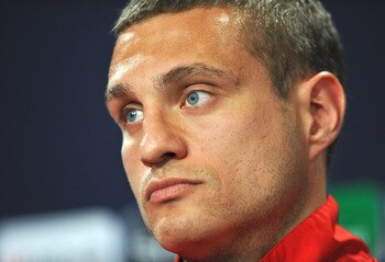 LONDON, ENGLAND - MAY 27:  In this UEFA handout image Nemanja Vidic listens during the Manchester United press conference ahead of the UEFA Champions League Final against FC Barcelona at Wembley Stadium on May 27, 2011 in London, England.  (Photo by UEFA/