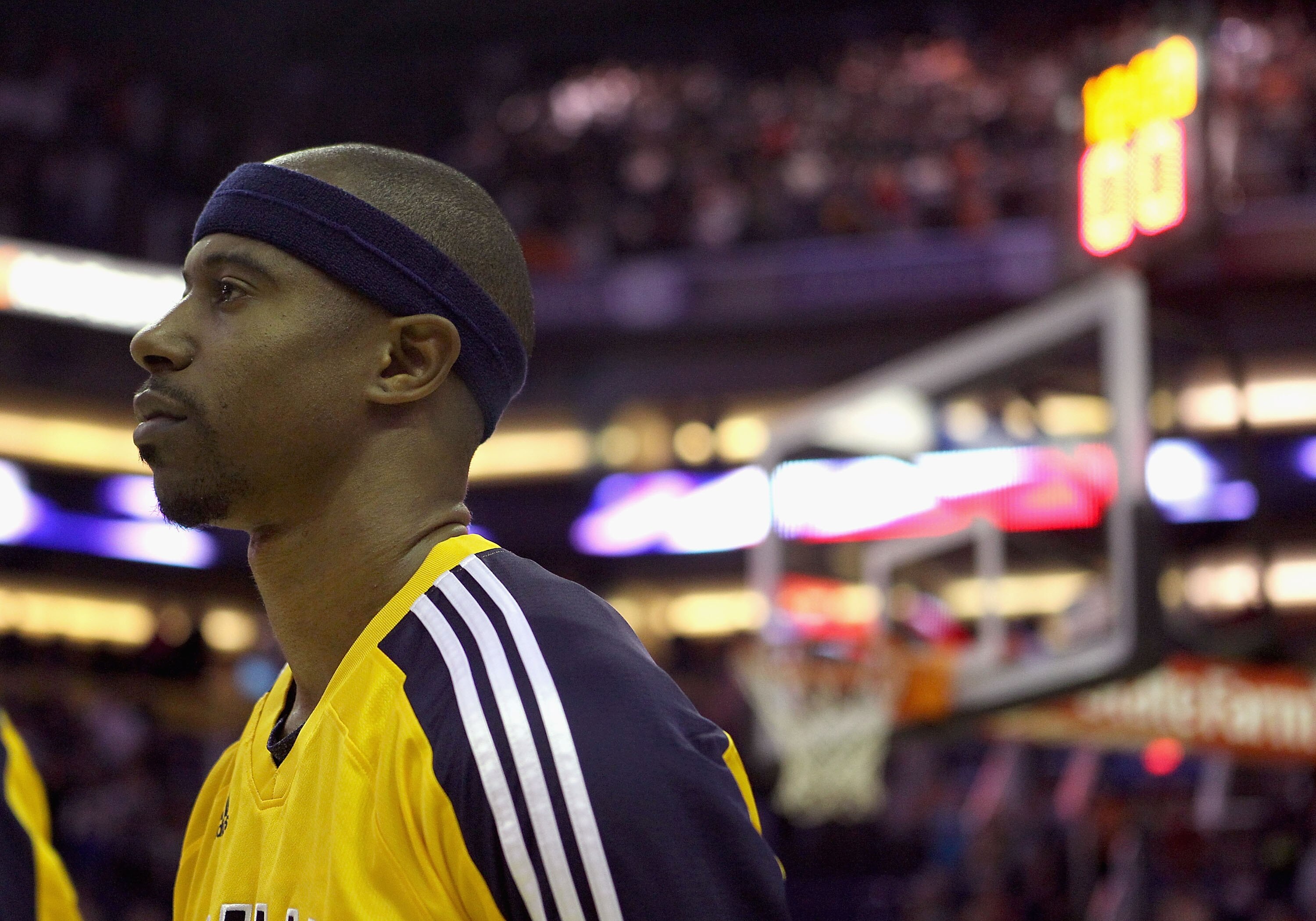 PHOENIX - DECEMBER 03:  T.J. Ford #5 of the Indiana Pacers stands with teammates for the National Anthem before the NBA game against the Phoenix Suns at US Airways Center on December 3, 2010 in Phoenix, Arizona. NOTE TO USER: User expressly acknowledges a