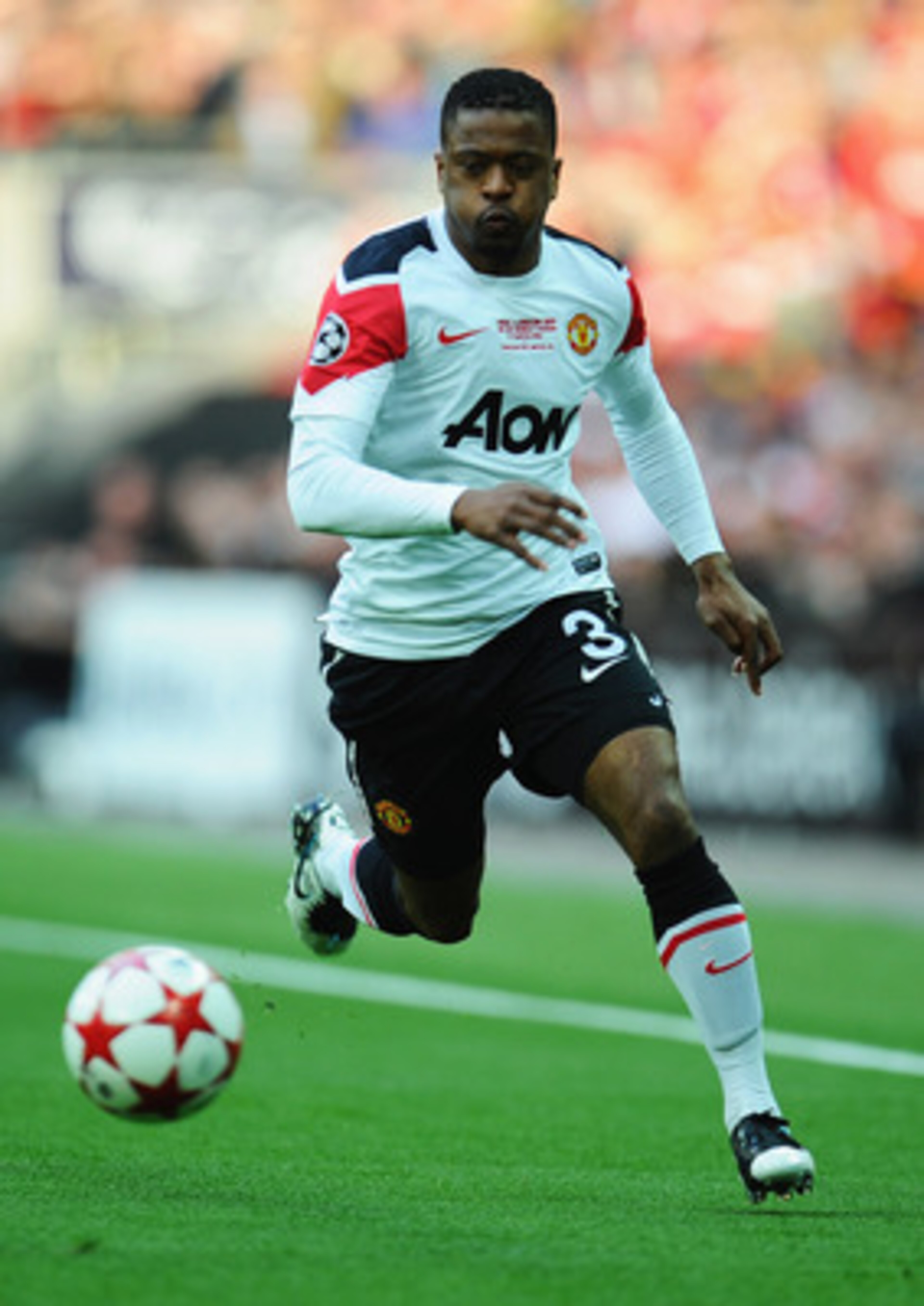 LONDON, ENGLAND - MAY 28:  Patrice Evra of Manchester United in action during the UEFA Champions League final between FC Barcelona and Manchester United FC at Wembley Stadium on May 28, 2011 in London, England.  (Photo by Clive Mason/Getty Images)