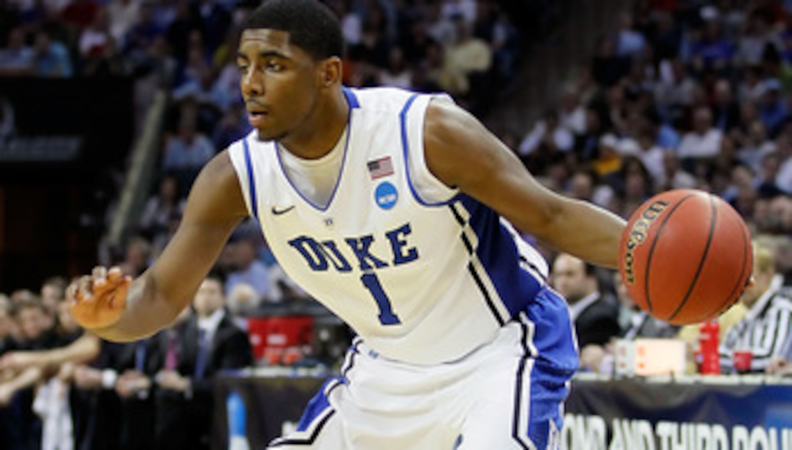 CHARLOTTE, NC - MARCH 20:  Kyrie Irving #1 of the Duke Blue Devils moves the ball while taking on the Michigan Wolverines during the third round of the 2011 NCAA men's basketball tournament at Time Warner Cable Arena on March 20, 2011 in Charlotte, North