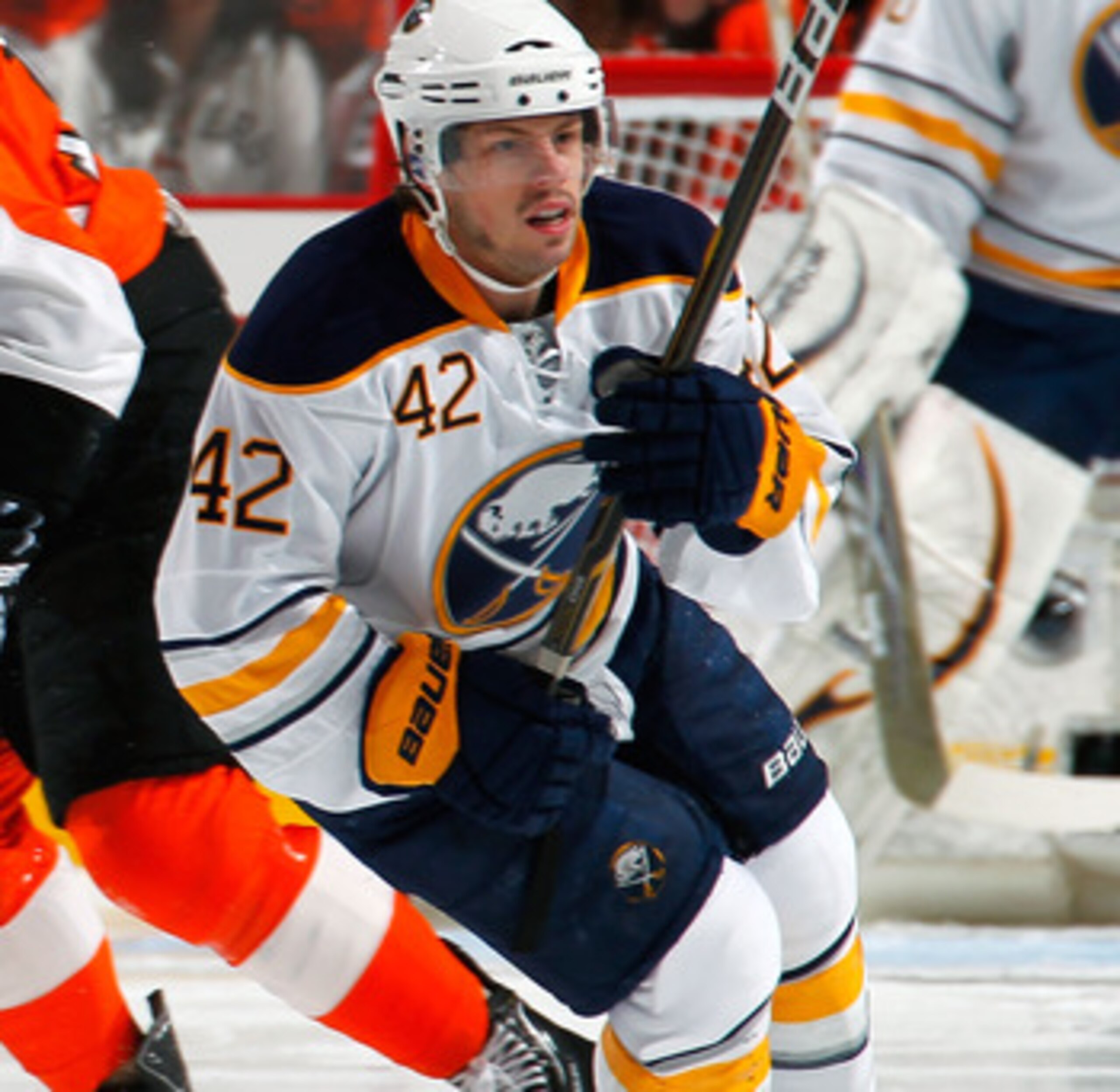 PHILADELPHIA, PA - APRIL 16:  Nathan Gerbe #42 of the Buffalo Sabres skates against the Philadelphia Flyers in Game Two of the Eastern Conference Quarterfinals during the 2011 NHL Stanley Cup Playoffs at Wells Fargo Center on April 16, 2011 in Philadelphi