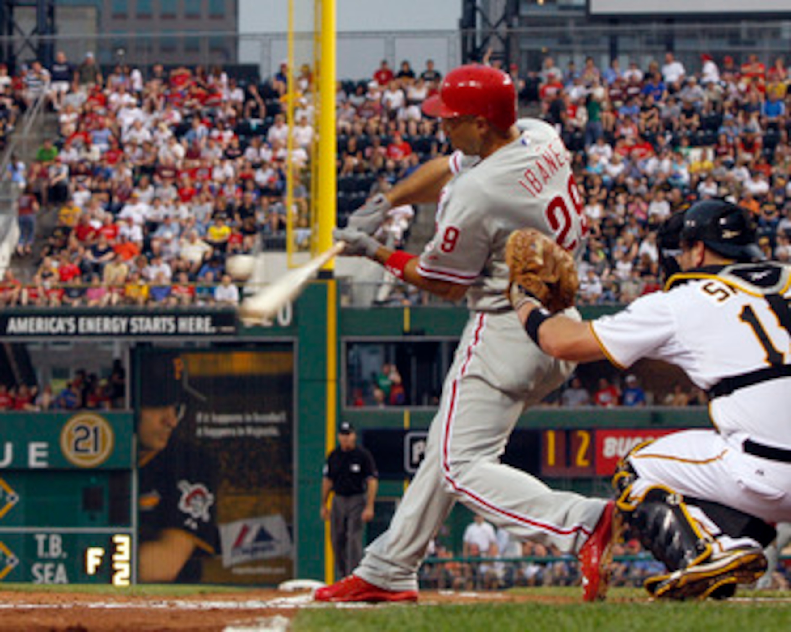 PITTSBURGH, PA - JUNE 04:  Raul Ibanez #29 of the Philadelphia Phillies gets a hit against the Pittsburgh Pirates during the game on June 4, 2011 at PNC Park in Pittsburgh, Pennsylvania.  The Pirates defeated the Phillies 6-3.  (Photo by Justin K. Aller/G