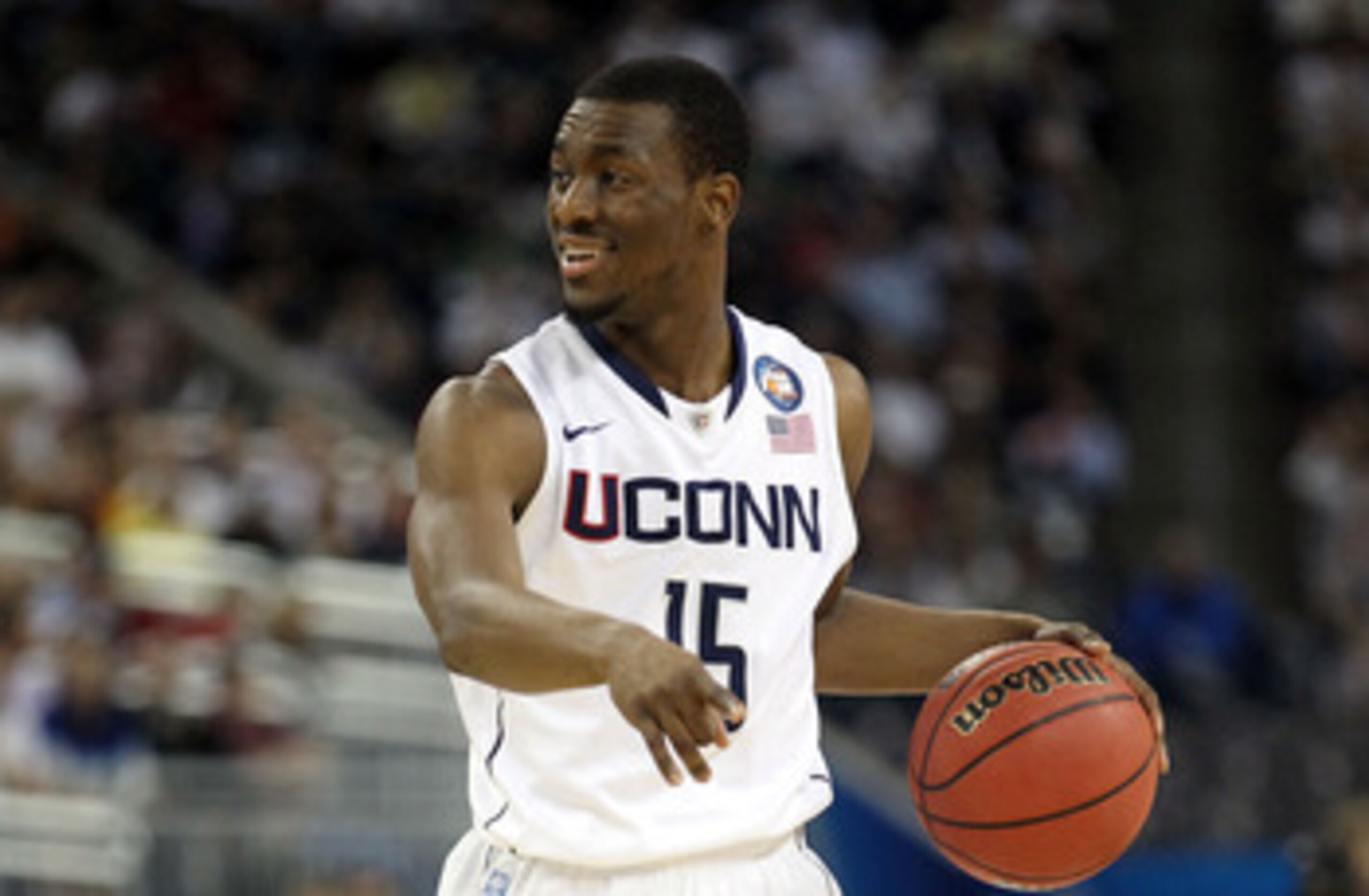 HOUSTON, TX - APRIL 04:  Kemba Walker #15 of the Connecticut Huskies handles the ball against the Butler Bulldogs during the National Championship Game of the 2011 NCAA Division I Men's Basketball Tournament at Reliant Stadium on April 4, 2011 in Houston,