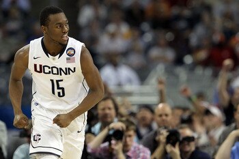 HOUSTON, TX - APRIL 04:  Kemba Walker #15 of the Connecticut Huskies reacts after a play against the Butler Bulldogs during the National Championship Game of the 2011 NCAA Division I Men's Basketball Tournament at Reliant Stadium on April 4, 2011 in Houst