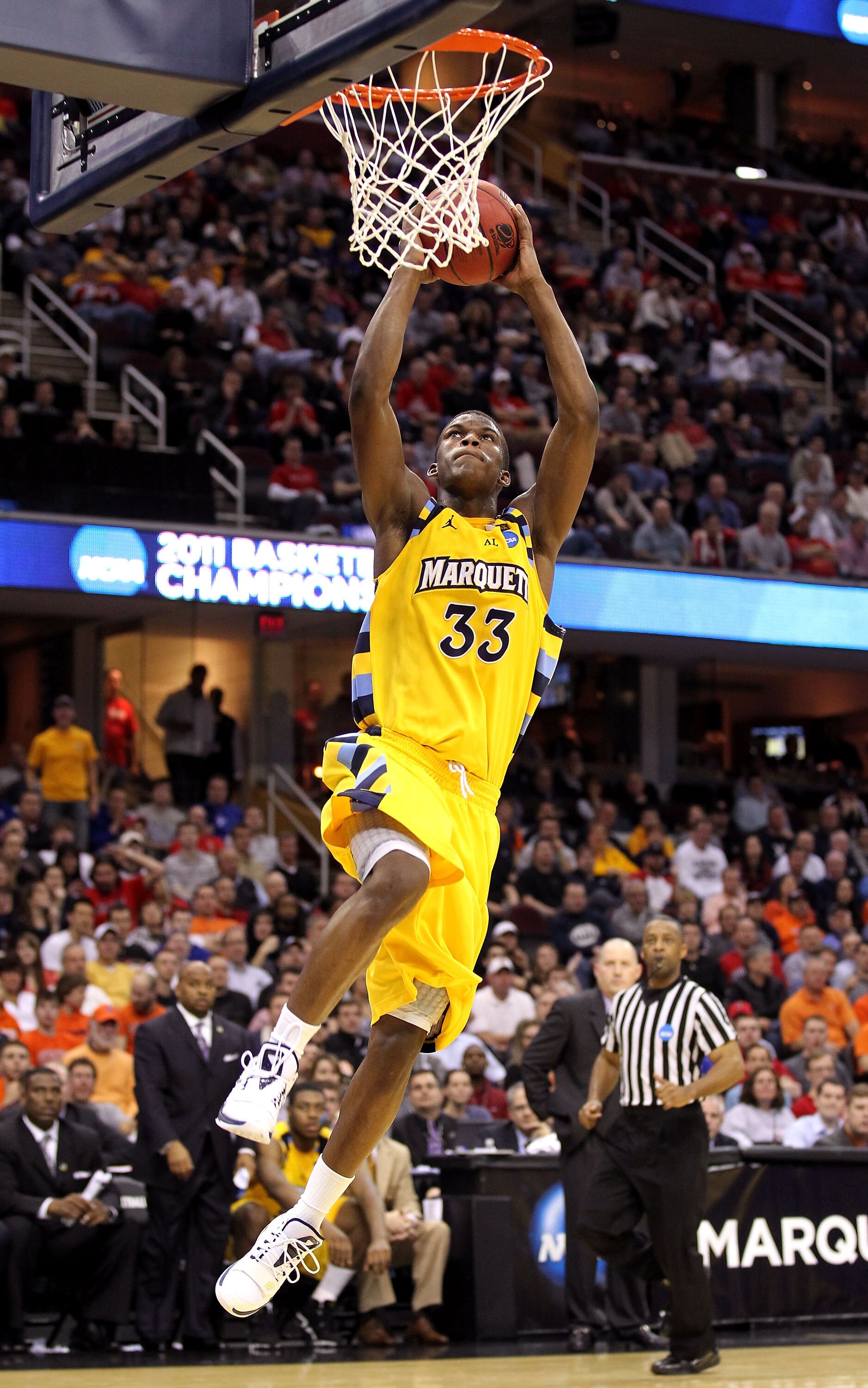 CLEVELAND, OH - MARCH 18: Jimmy Butler #33 of the Marquette Golden Eagles goes up for a dunk against the Xavier Musketeers during the second round of the 2011 NCAA men's basketball tournament at Quicken Loans Arena on March 18, 2011 in Cleveland, Ohio.  (