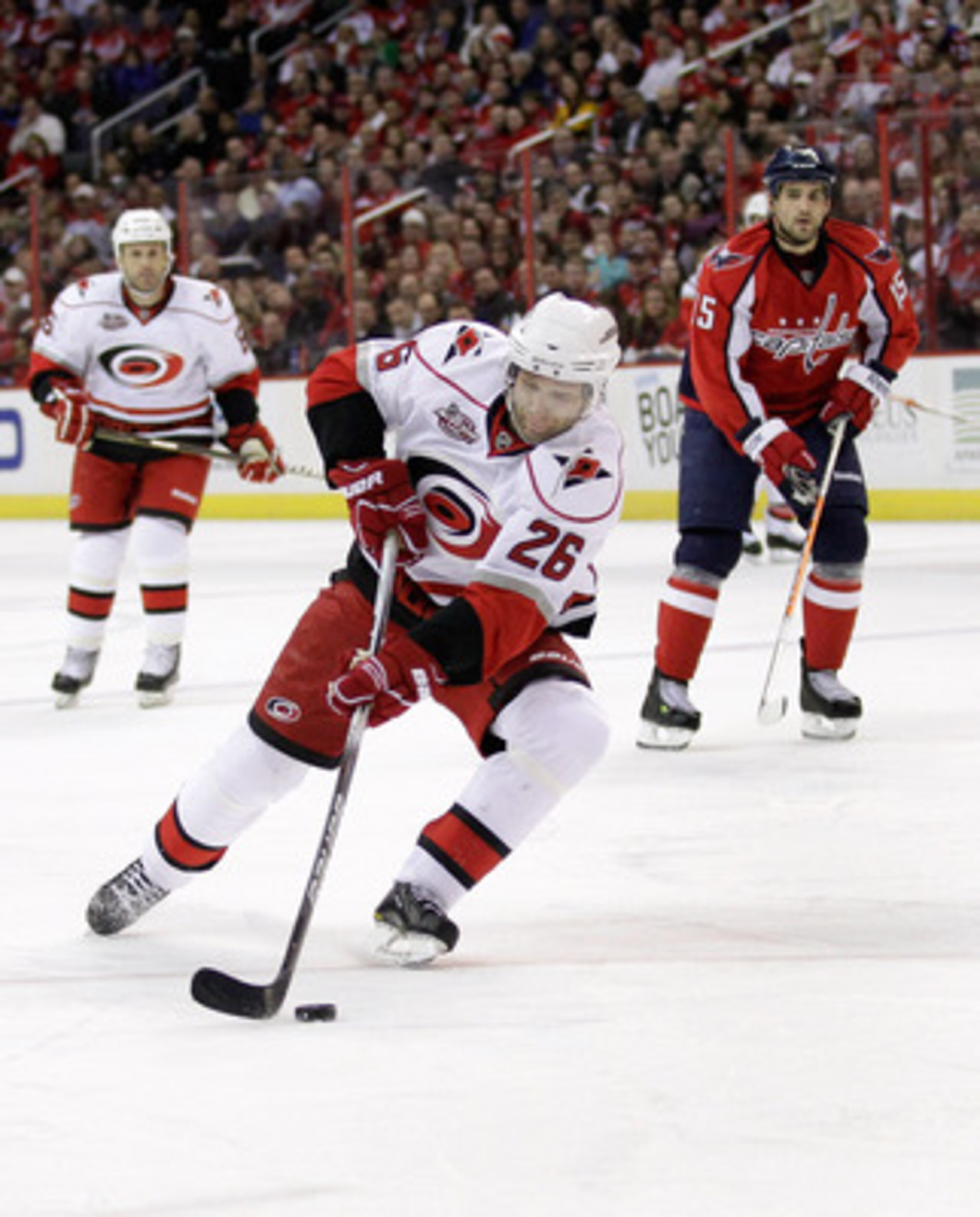 WASHINGTON, DC - MARCH 29:  Erik Cole #26 of the Carolina Hurricanes skates with the puck against the Washington Capitals at the Verizon Center on March 29, 2011 in Washington, DC.  (Photo by Rob Carr/Getty Images)