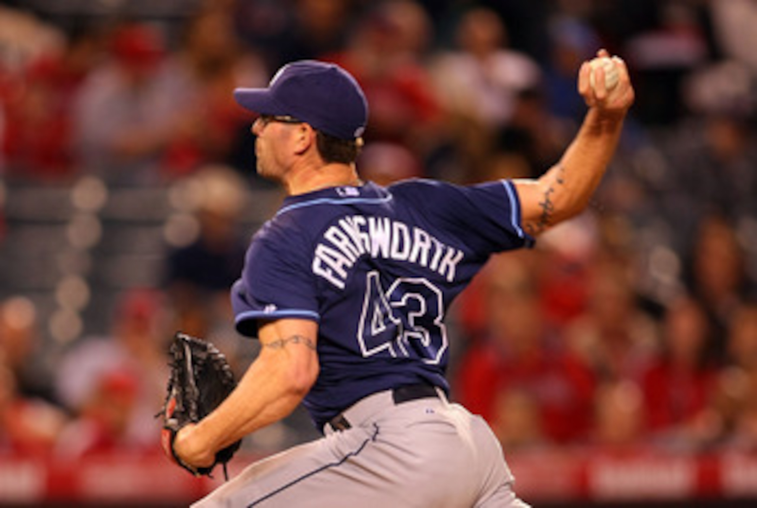 ANAHEIM, CA - JUNE 06:  Kyle Farnsworth #43 of the Tampa Bay Rays pitches in relief in the ninth inning against the Los Angeles Angels of Anaheim during their MLB game at Angel Stadium of Anaheim on June 6, 2011 in Anaheim, California.  (Photo by Victor D
