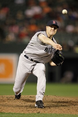 BALTIMORE, MD - APRIL 28:  Pitcher Jonathan Papelbon #58 of the Boston Red Sox delivers to a Baltimore Orioles batter during the ninth inning of their 6-2 win at Oriole Park at Camden Yards on April 28, 2011 in Baltimore, Maryland.  (Photo by Rob Carr/Get
