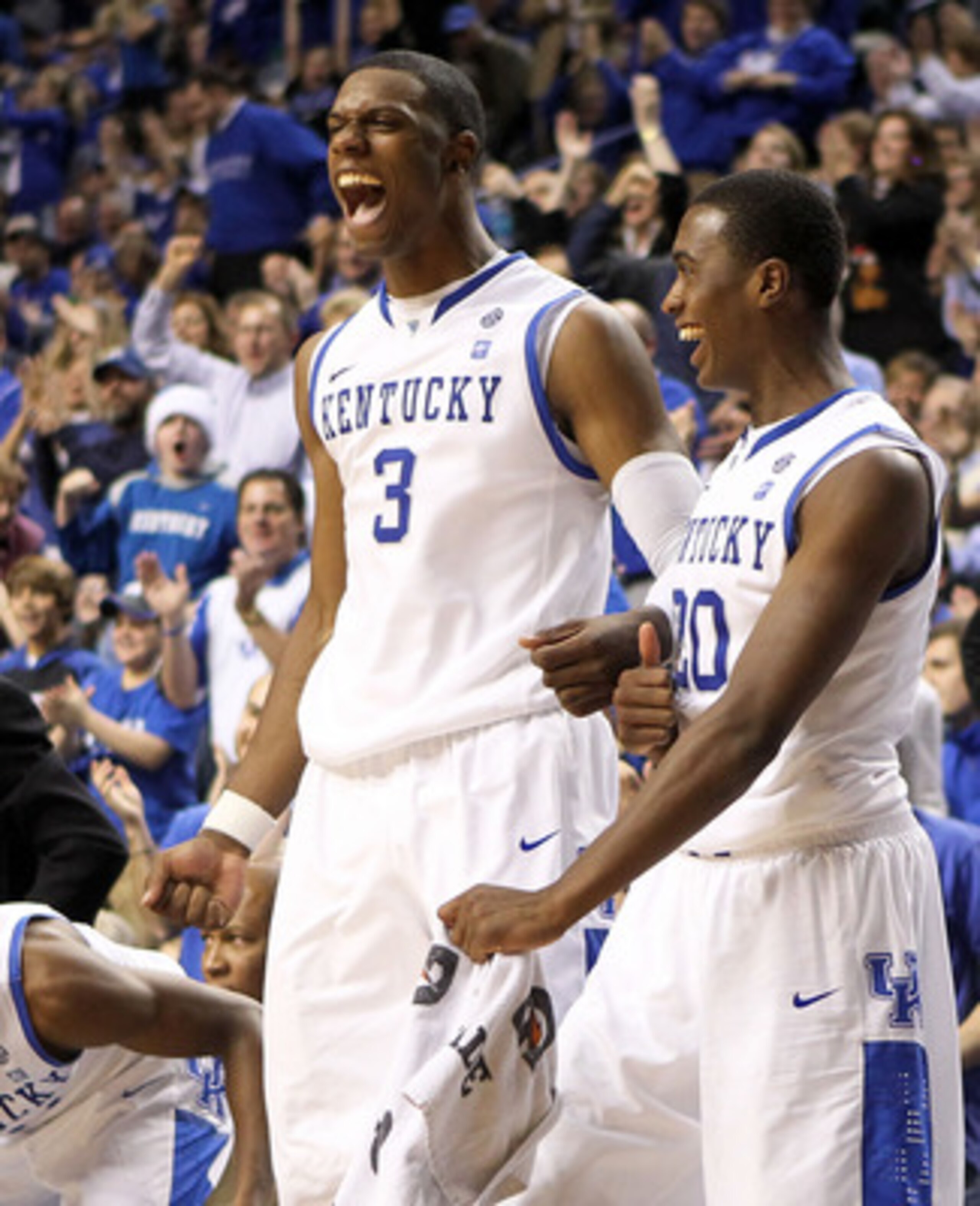 LEXINGTON, KY - DECEMBER 22:  Terrence Jones #3 and Doron Lamb #20 of the Kentucky Wildcats celebrate during the game against the Winthrop Eagles on December 22, 2010 in Lexington, Kentucky.  Kentucky won 89-52.  (Photo by Andy Lyons/Getty Images)