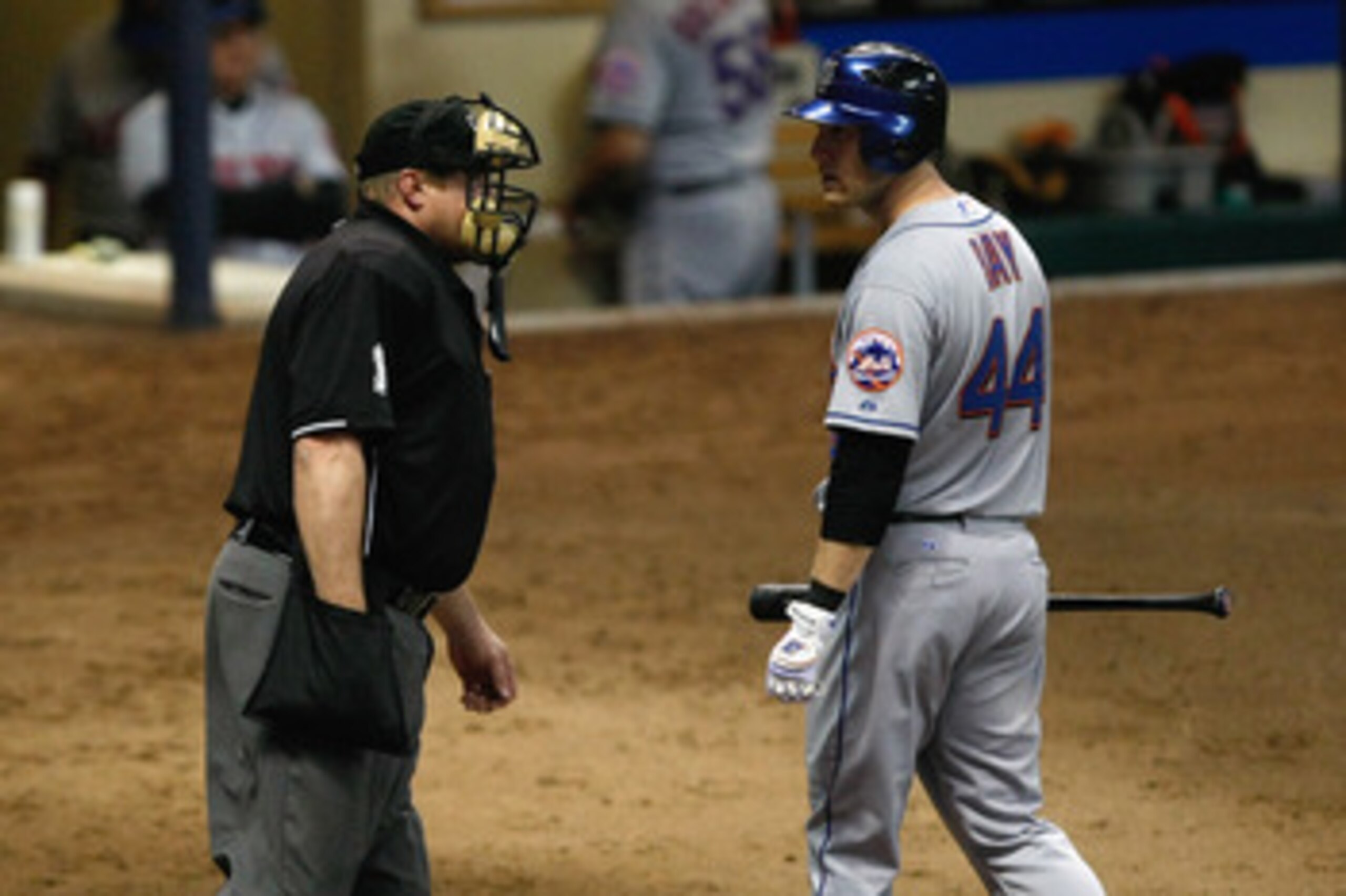 MILWAUKEE, WI - JUNE 8: Jason Bay #44 of the New York Mets argues with umpire Bruce Dreckman #1 after a third strike call during the game against the Milwaukee Brewers at Miller Park on June 8, 2011 in Milwaukee, Wisconsin. (Photo by Scott Boehm/Getty Ima