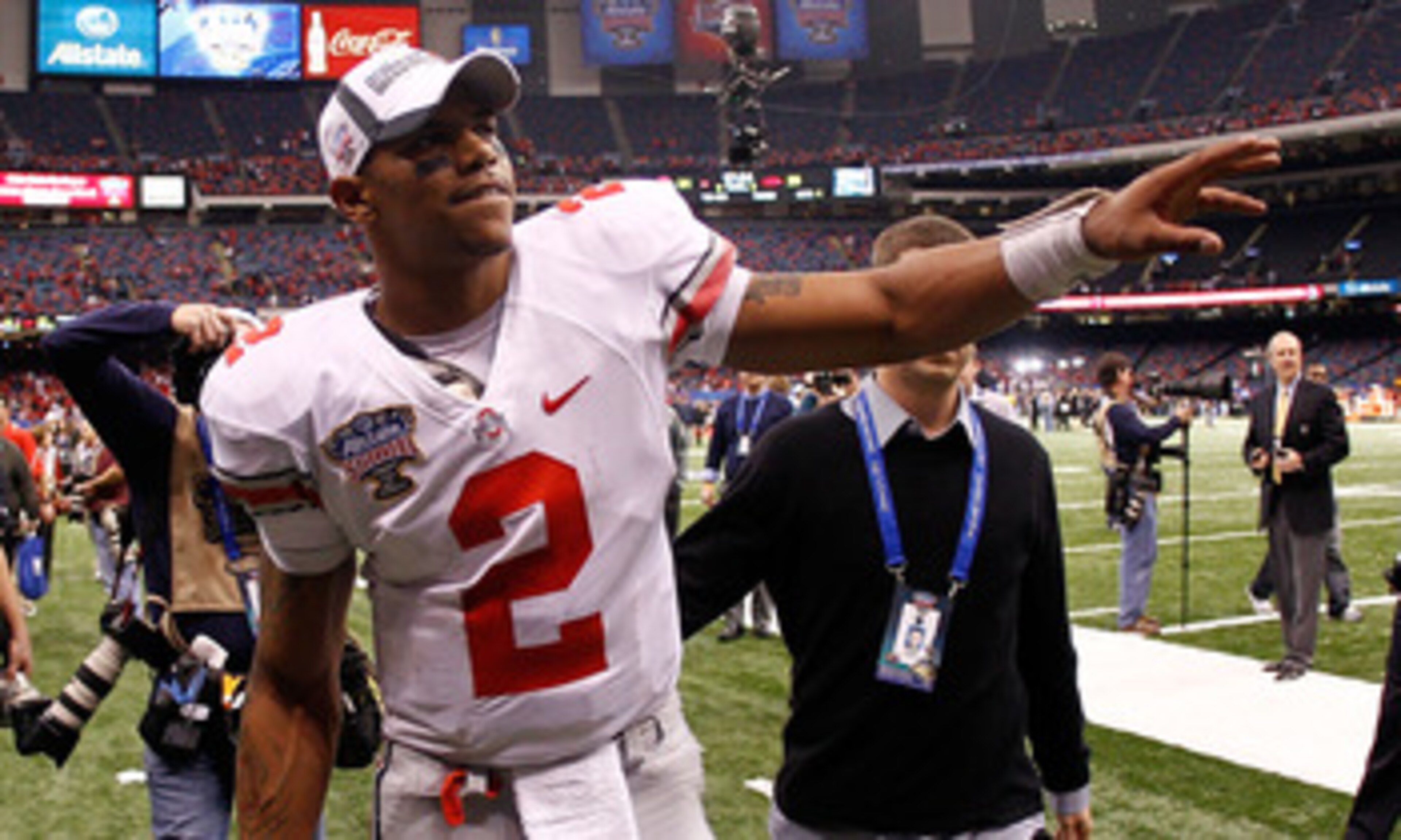 NEW ORLEANS, LA - JANUARY 04:  Quarterback Terrelle Pryor #2 of the Ohio State Buckeyes celebrates the Buckeyes 31-26 victory against the Arkansas Razorbacks during the Allstate Sugar Bowl at the Louisiana Superdome on January 4, 2011 in New Orleans, Loui