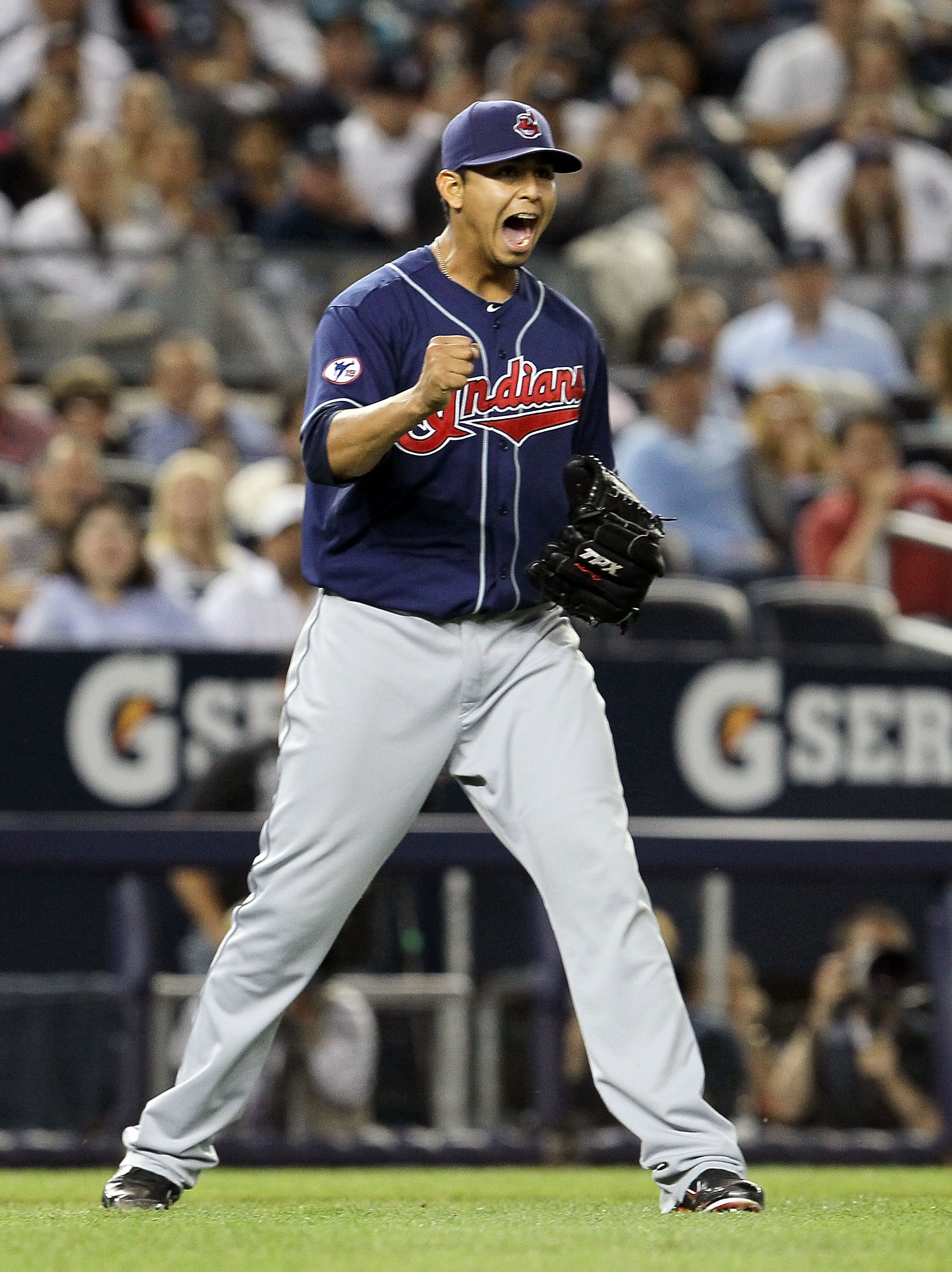 NEW YORK, NY - JUNE 13: Carlos Carrasco #59 of the Cleveland Indians reacts after the final out of the seventh inning against the New York Yankees on June 13, 2011 at Yankee Stadium in the Bronx borough of New York City. (Photo by Jim McIsaac/Getty Imag NEW YORK, NY - JUNE 13: Carlos Carrasco #59 of the Cleveland Indians reacts after the final out of the seventh inning against the New York Yankees on June 13, 2011 at Yankee Stadium in the Bronx borough of New York City. (Photo by Jim McIsaac/Getty Imag