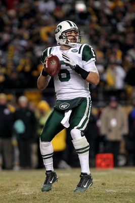 PITTSBURGH, PA - JANUARY 23:  Quarterback Mark Sanchez #6 of the New York Jets looks to pass against the Pittsburgh Steelers during the 2011 AFC Championship game at Heinz Field on January 23, 2011 in Pittsburgh, Pennsylvania. The Steelers won 24-19.  (Ph