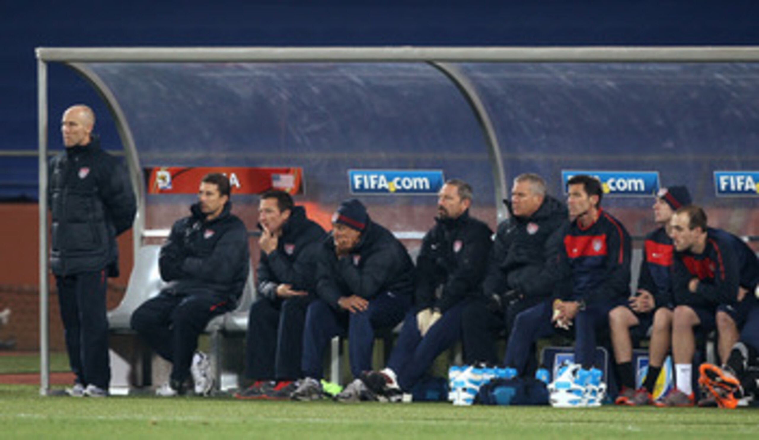 RUSTENBURG, SOUTH AFRICA - JUNE 26: Bob Bradley (L), head coach of the United States looks on from the bench during the 2010 FIFA World Cup South Africa Round of Sixteen match between USA and Ghana at Royal Bafokeng Stadium on June 26, 2010 in Rustenburg RUSTENBURG, SOUTH AFRICA - JUNE 26: Bob Bradley (L), head coach of the United States looks on from the bench during the 2010 FIFA World Cup South Africa Round of Sixteen match between USA and Ghana at Royal Bafokeng Stadium on June 26, 2010 in Rustenburg
