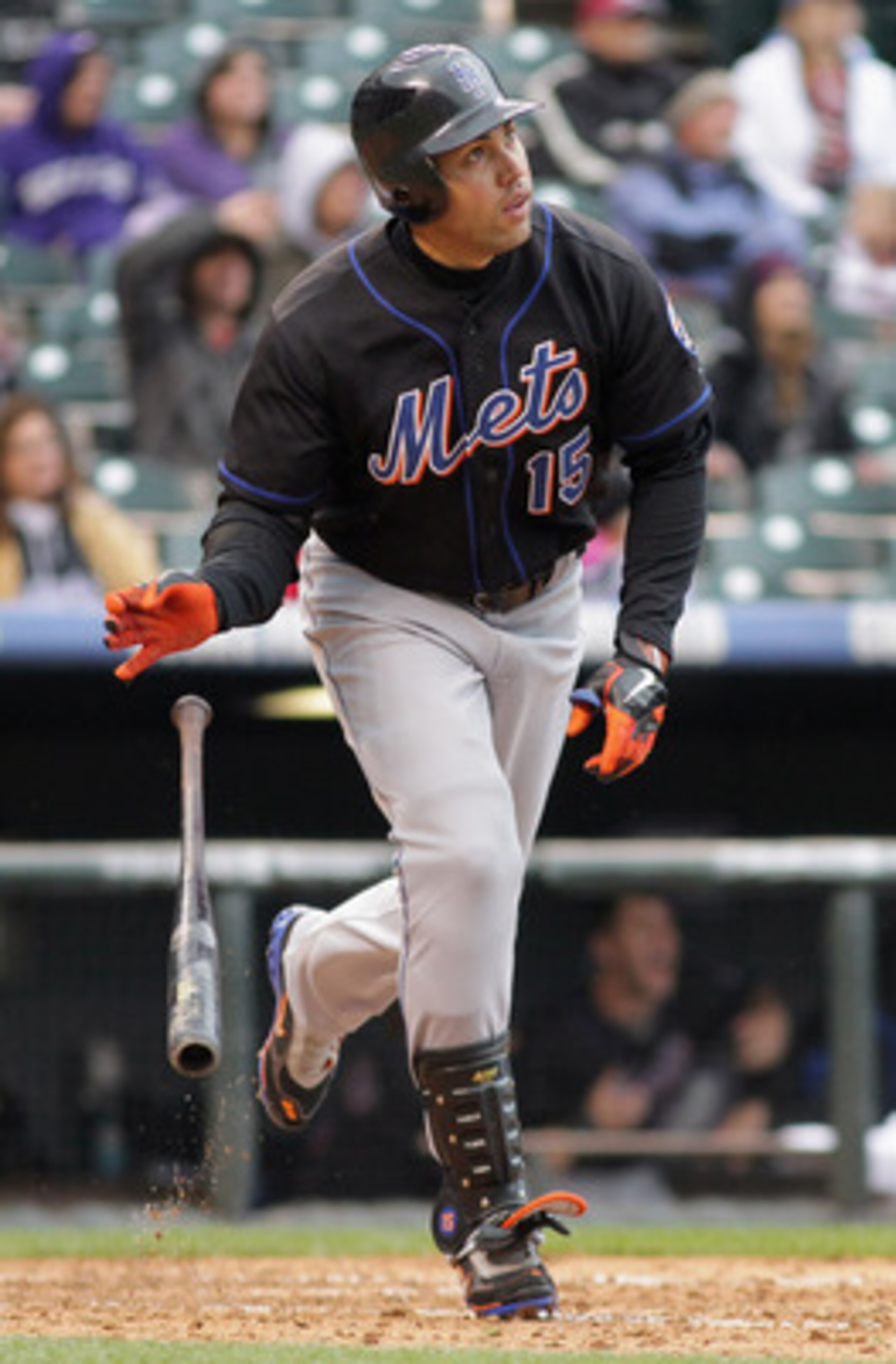 DENVER, CO - MAY 12:  Carlos Beltran #15 of the New York Mets watches his third home run of the game off of Matt Lindstrom of the Colorado Rockies in the ninth inning at Coors Field on May 12, 2011 in Denver, Colorado. Beltran had three homeruns and six R