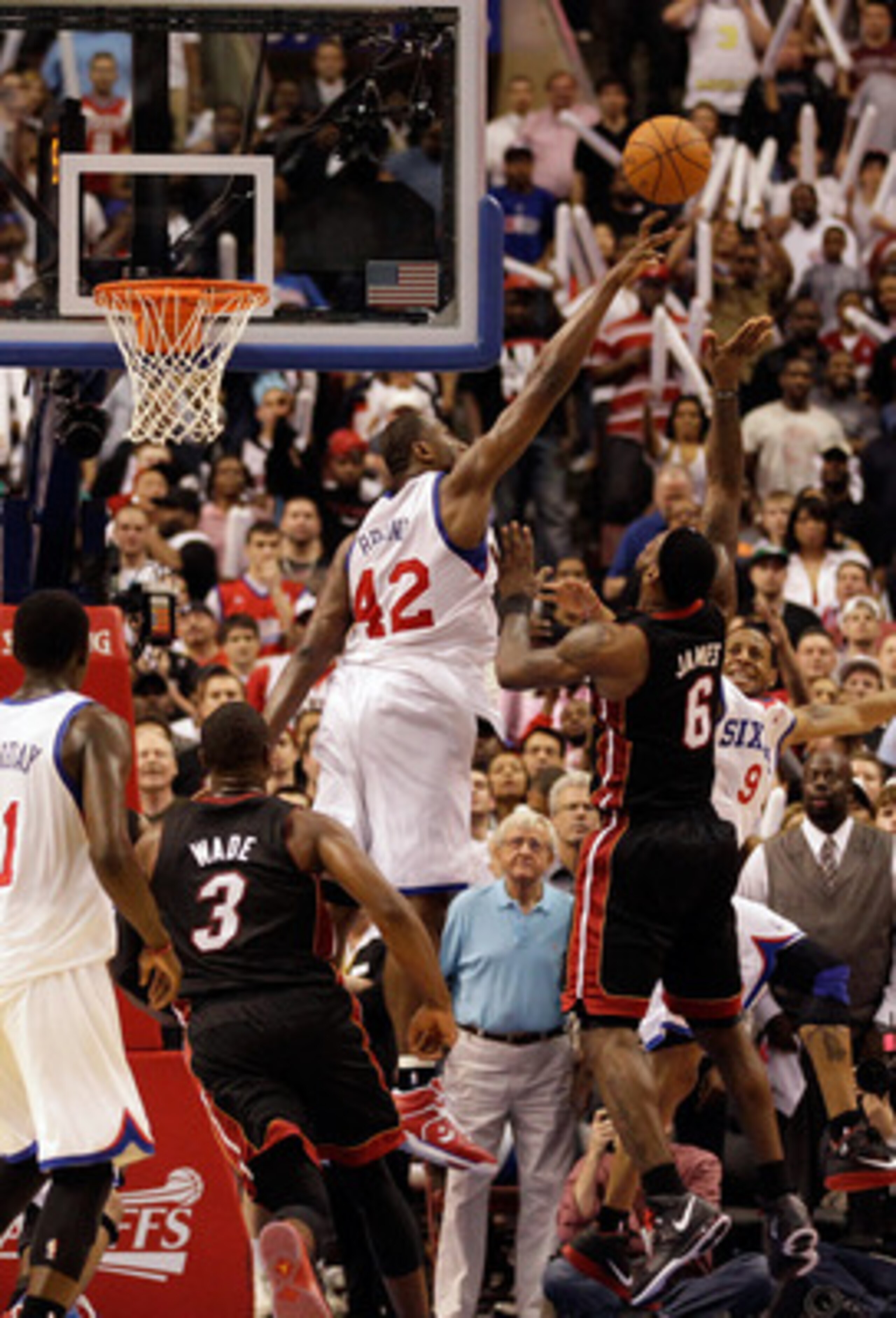 PHILADELPHIA, PA - APRIL 24:  Elton Brand #42 of the Philadelphia 76ers blocks a last second shot by LeBron James #6 of the Miami Heat during the second half of the Game Four of the Eastern Conference Quarterfinals in the 2011 NBA Playoffs at Wells Fargo