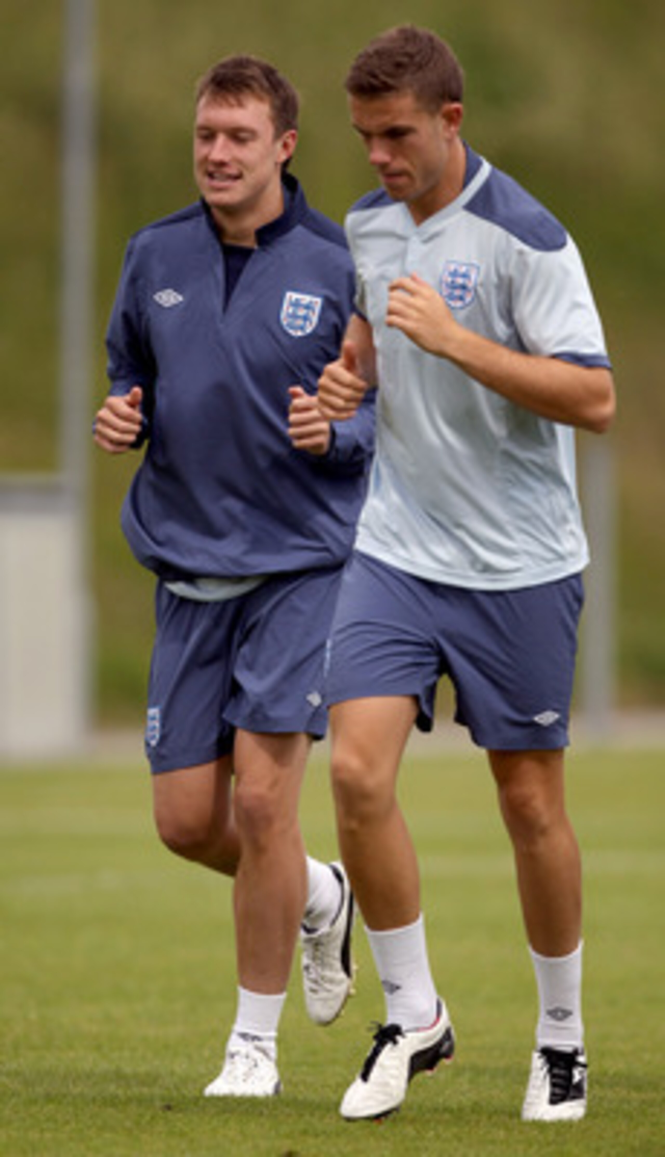 FREDERICIA, DENMARK - JUNE 14:  Jordan Henderson and Phil Jones in action during the England under 21 training session, ahead of their UEFA European Under-21 Championship Group B match against Ukraine, at Monjasa Park stadium on June 14, 2011 in Frederici