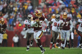 LANDOVER, MD - DECEMBER 12:  Santana Moss #89 of the Washington Redskins runs the ball after a catch during the game against the Tampa Bay Buccaneers  at FedExField on December 12, 2010 in Landover, Maryland. The Buccaneers defeated the Redskins 17-16. (P
