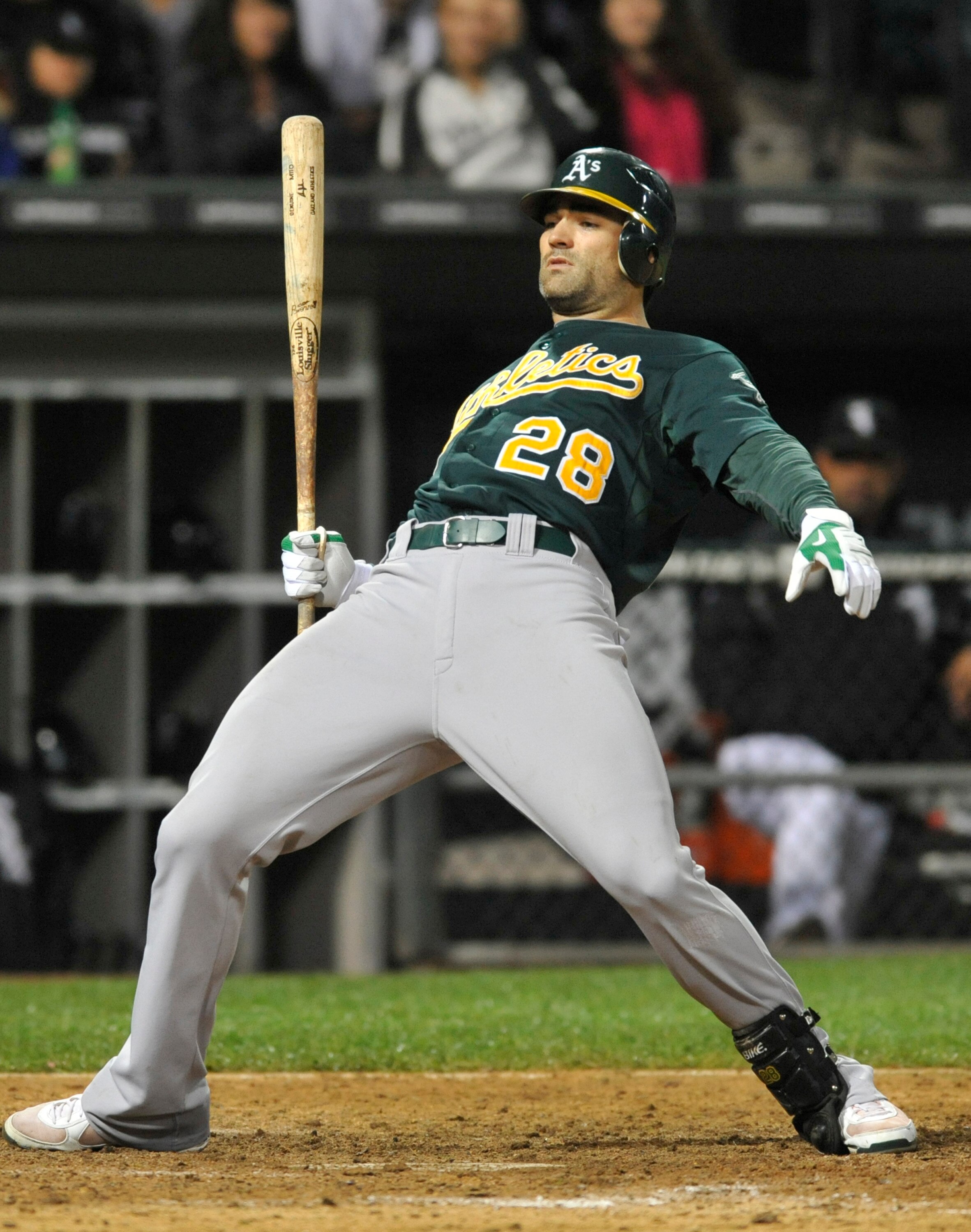 CHICAGO, IL - JUNE 11: Conor Jackson # 28 of the Oakland Athletics gets out of the way of an inside pitch against the Chicago White Sox  on June 11, 2011 at U.S. Cellular Field in Chicago, Illinois. The Sox defeated the Athletics 3-2.  (Photo by David Ban