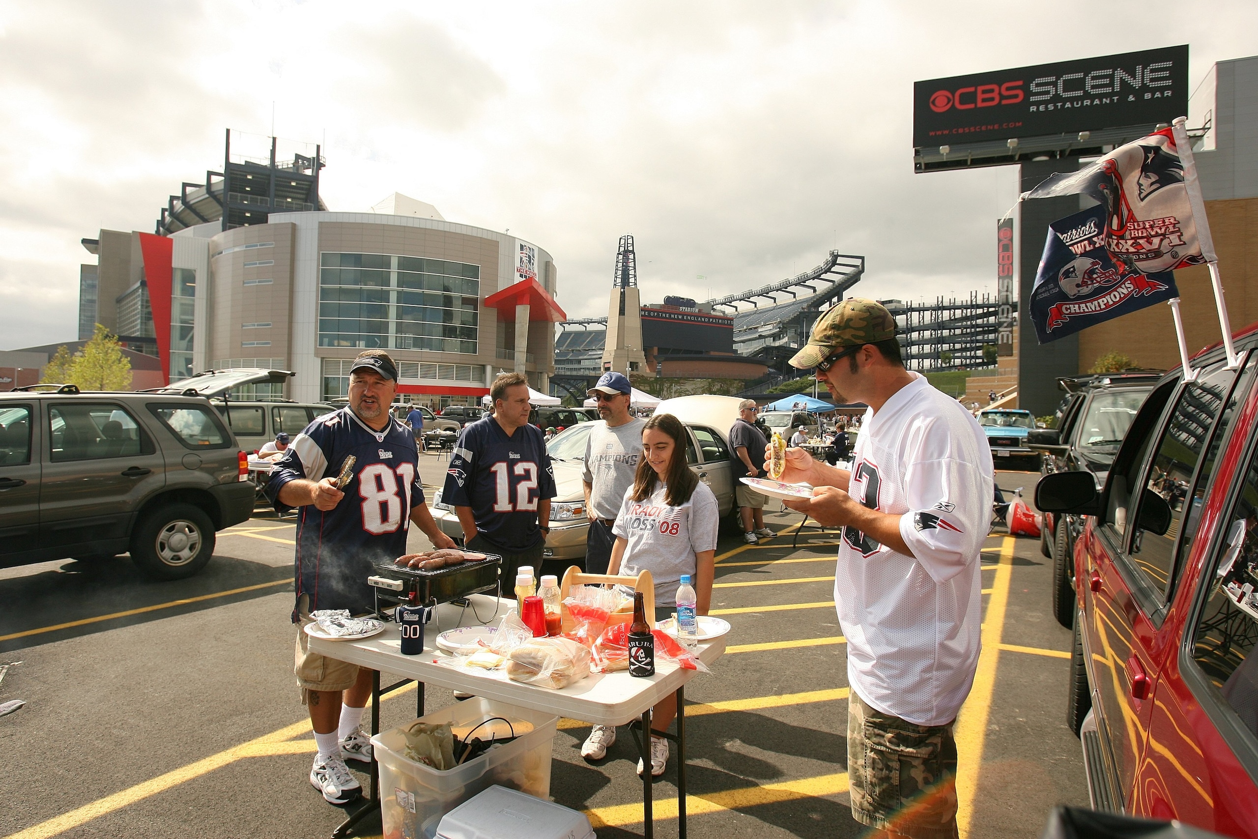 FOXBORO, MA - SEPTEMBER 7: New England Patriots fans tailgate in a parking lot prior to the NFL game between the Kansas City Chiefs and the New England Patriots on September 7, 2008 at Gillette Stadium in Foxboro, Massachusetts. The Patriots defeated the FOXBORO, MA - SEPTEMBER 7: New England Patriots fans tailgate in a parking lot prior to the NFL game between the Kansas City Chiefs and the New England Patriots on September 7, 2008 at Gillette Stadium in Foxboro, Massachusetts. The Patriots defeated the