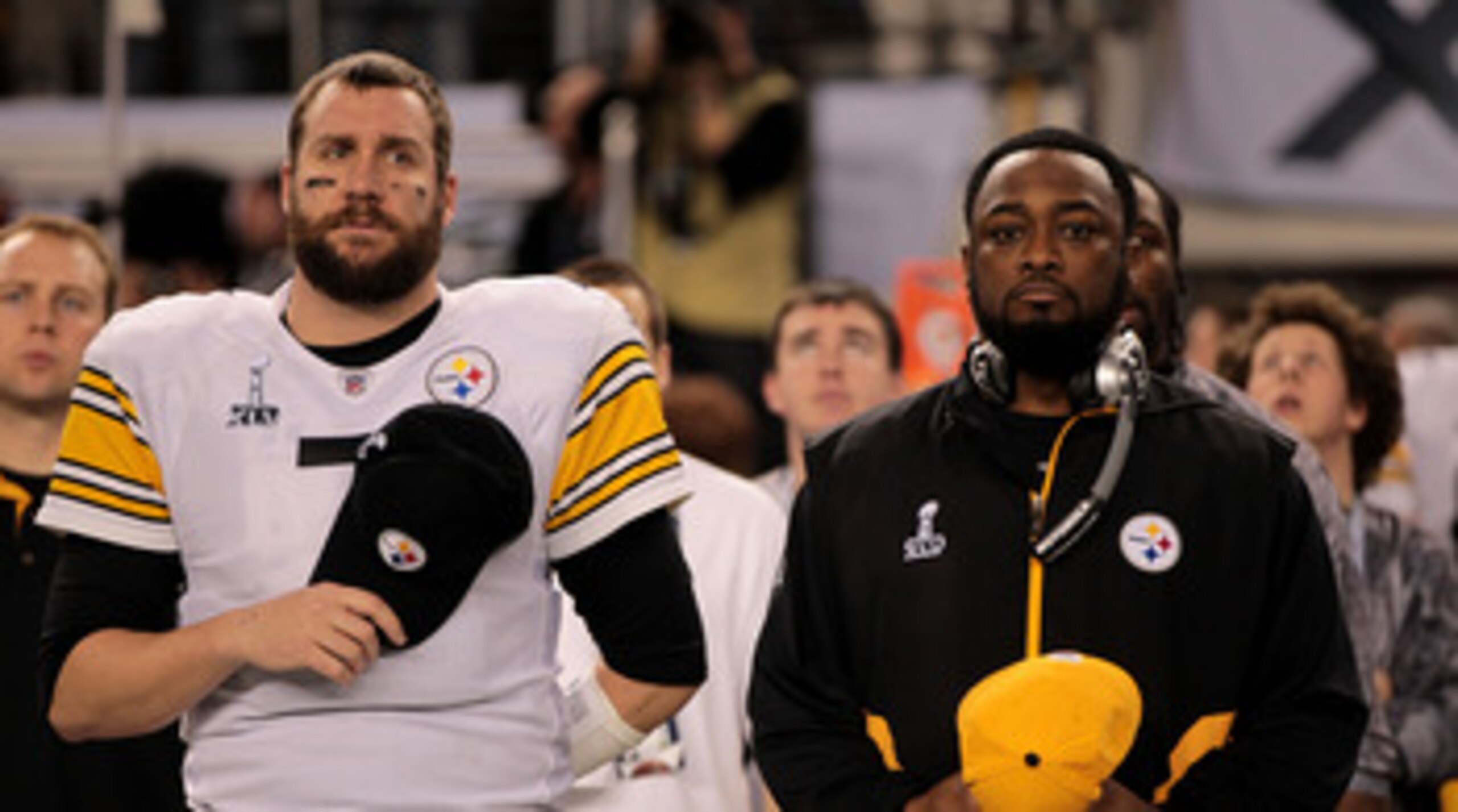 ARLINGTON, TX - FEBRUARY 06:  Ben Roethlisberger #7 and head coach Mike Tomlin of the Pittsburgh Steelers look on during the National Anthem during Super Bowl XLV at Cowboys Stadium on February 6, 2011 in Arlington, Texas.  (Photo by Jamie Squire/Getty Im