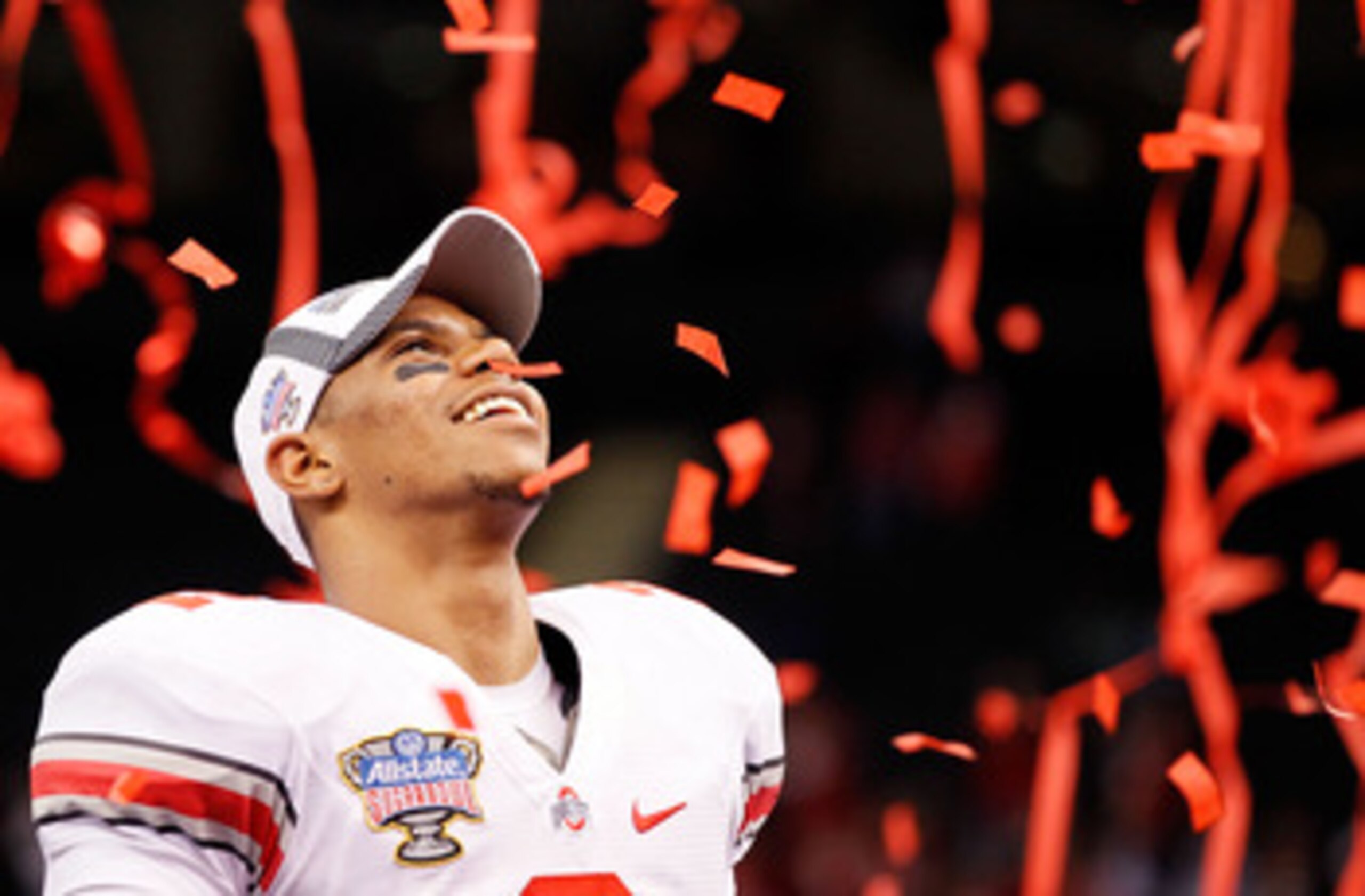 NEW ORLEANS, LA - JANUARY 04:  Terrelle Pryor #2 of the Ohio State Buckeyes celebrates the Buckeyes 31-26 victory against the Arkansas Razorbacks during the Allstate Sugar Bowl at the Louisiana Superdome on January 4, 2011 in New Orleans, Louisiana.  (Pho