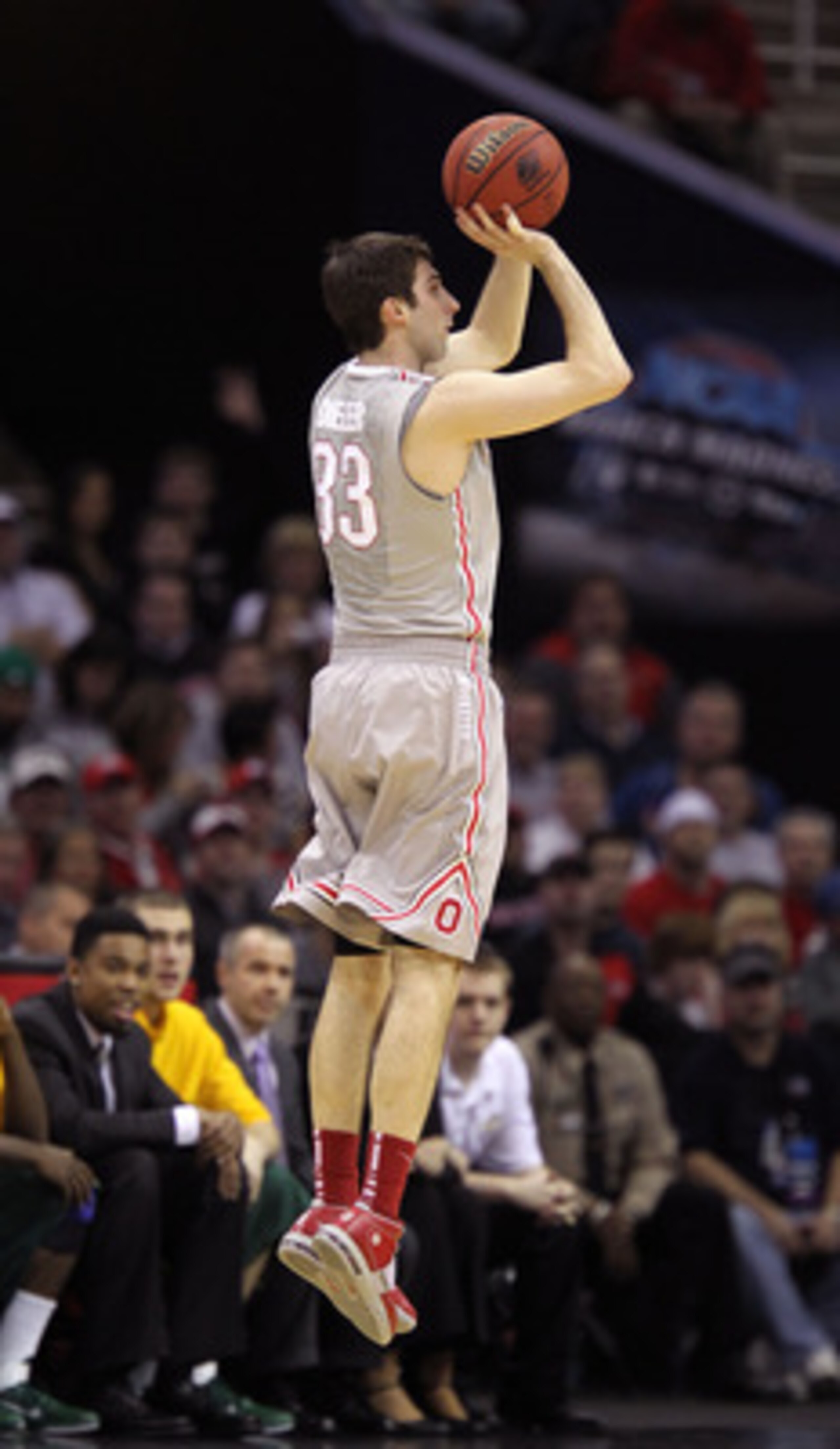 CLEVELAND, OH - MARCH 20: Jon Diebler #33 of the Ohio State Buckeyes shoots against the George Mason Patriots during the third of the 2011 NCAA men's basketball tournament at Quicken Loans Arena on March 20, 2011 in Cleveland, Ohio.  (Photo by Andy Lyons/